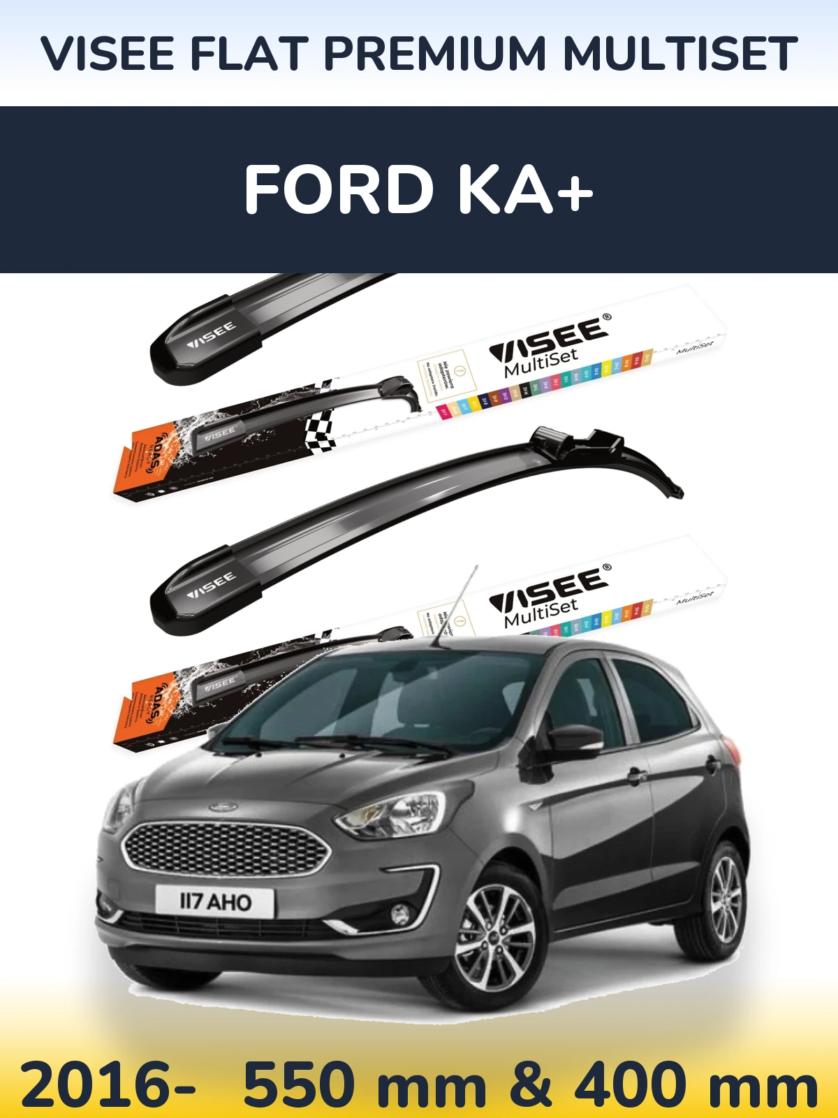 Front wiper blade set VISEE FLAT PREMIUM MultiSet 550 & 400 mm for Ford Ka+ 2016-2026