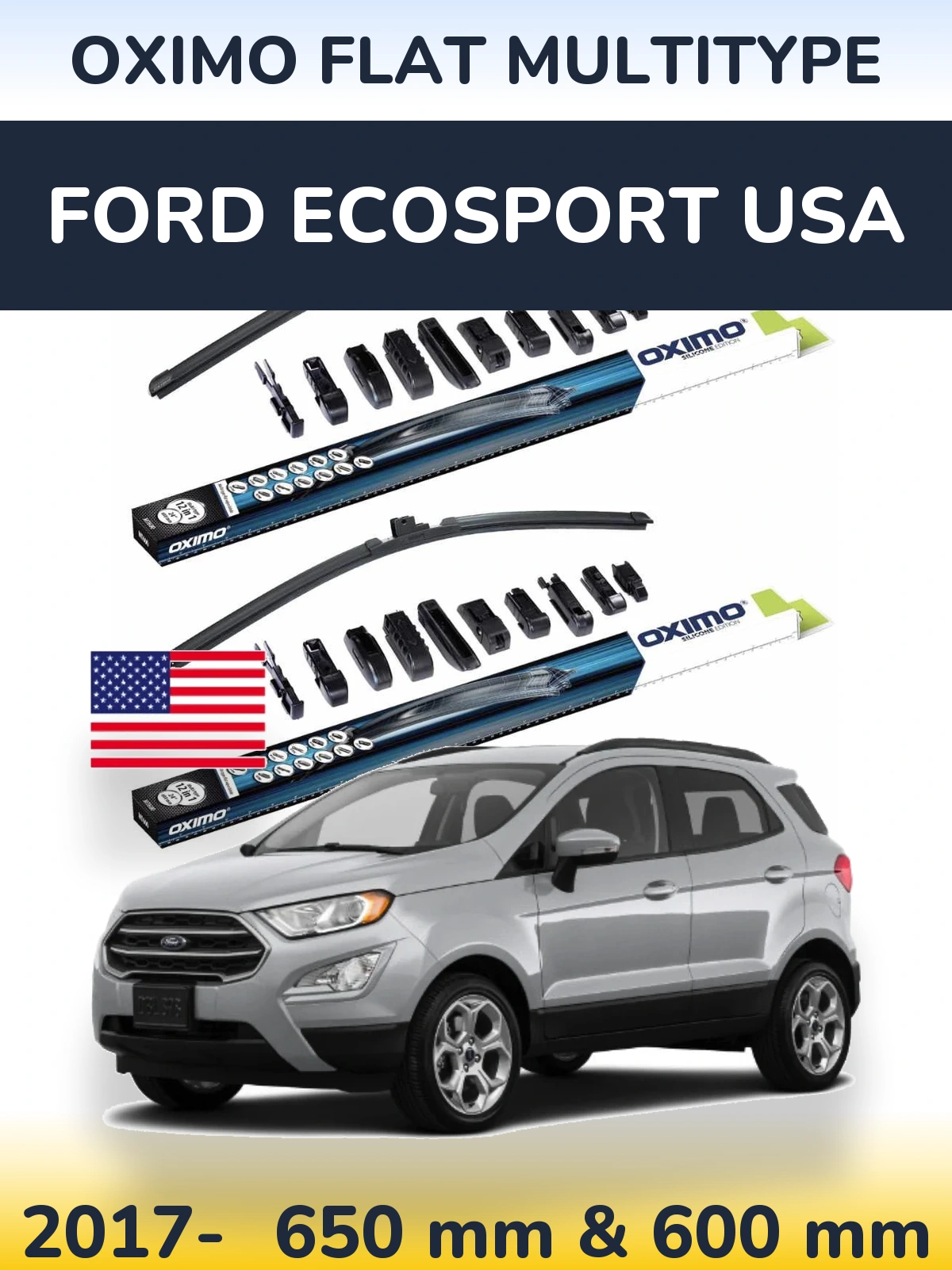 Комплект передних дворников Oximo Flat MultiТипe 650 & 600 мм для Ford EcoSport USA 2017-2026