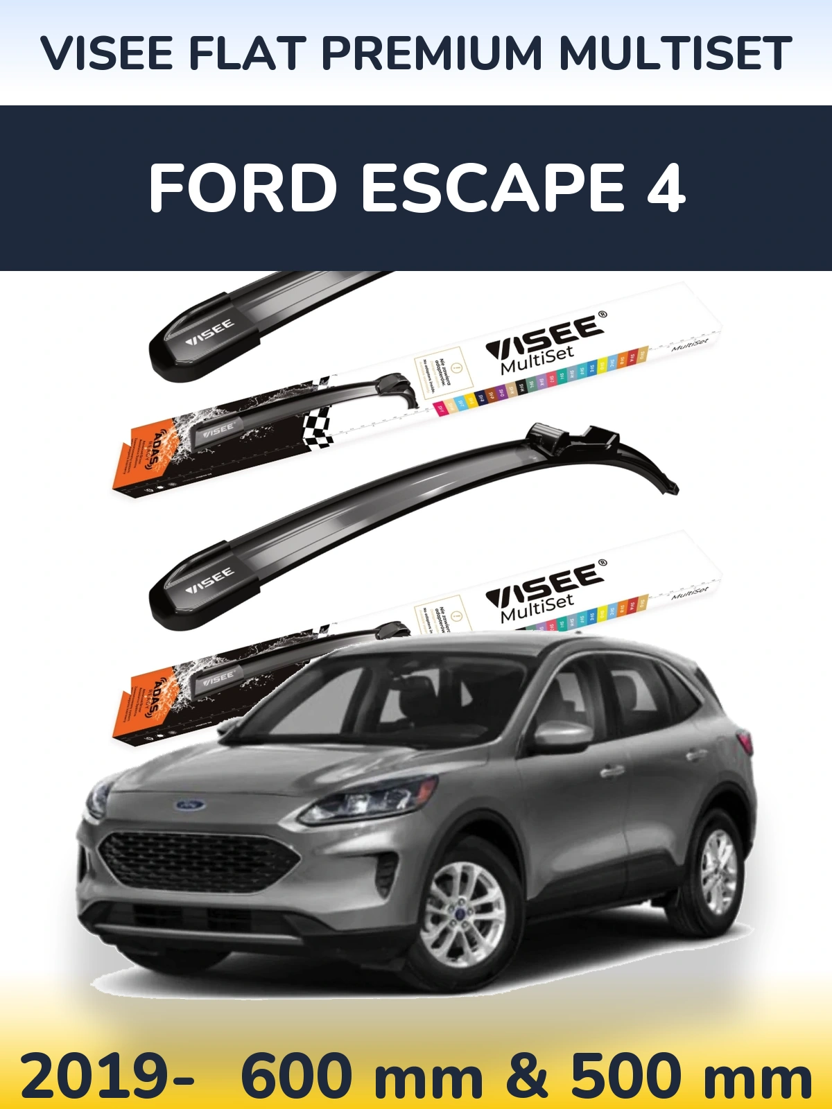 Комплект передніх щіток VISEE FLAT PREMIUM MultiSet 600 & 500 мм для Ford Escape 4 2019-2026