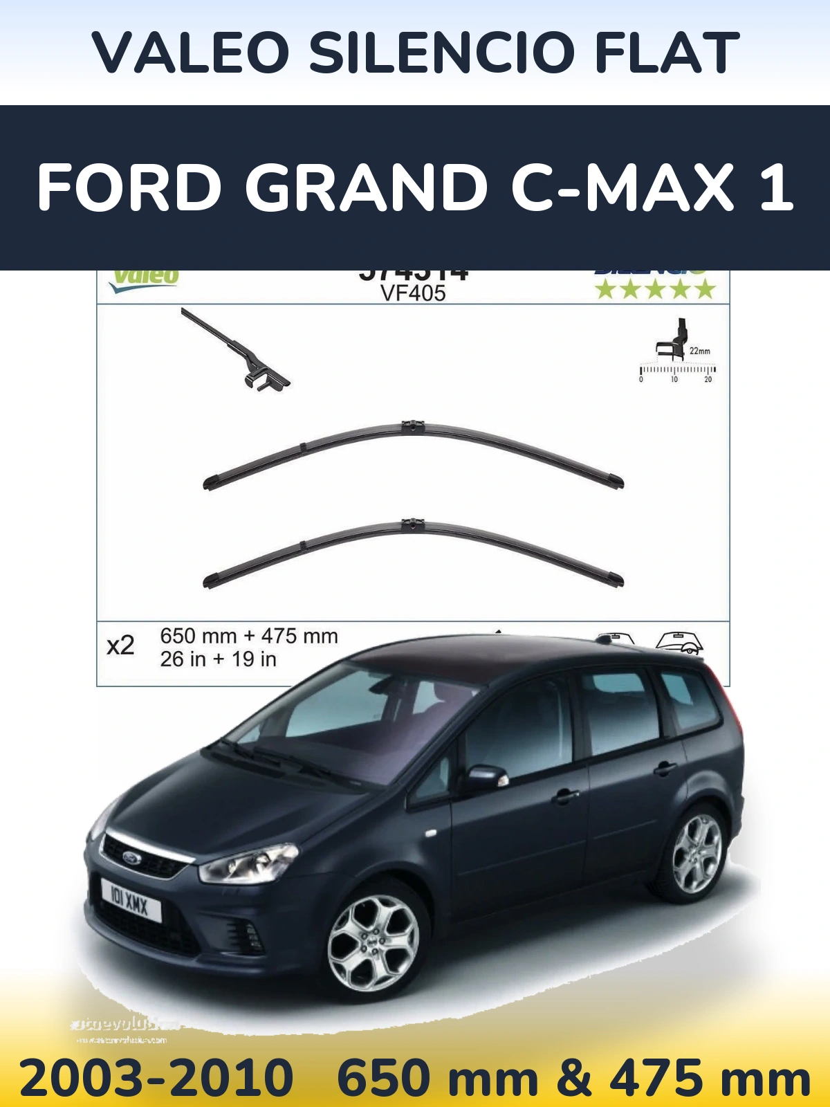 Комплект передних дворников Valeo Silencio Flat 650 & 475 мм для Ford Grand C-MAX 1 2003-2010