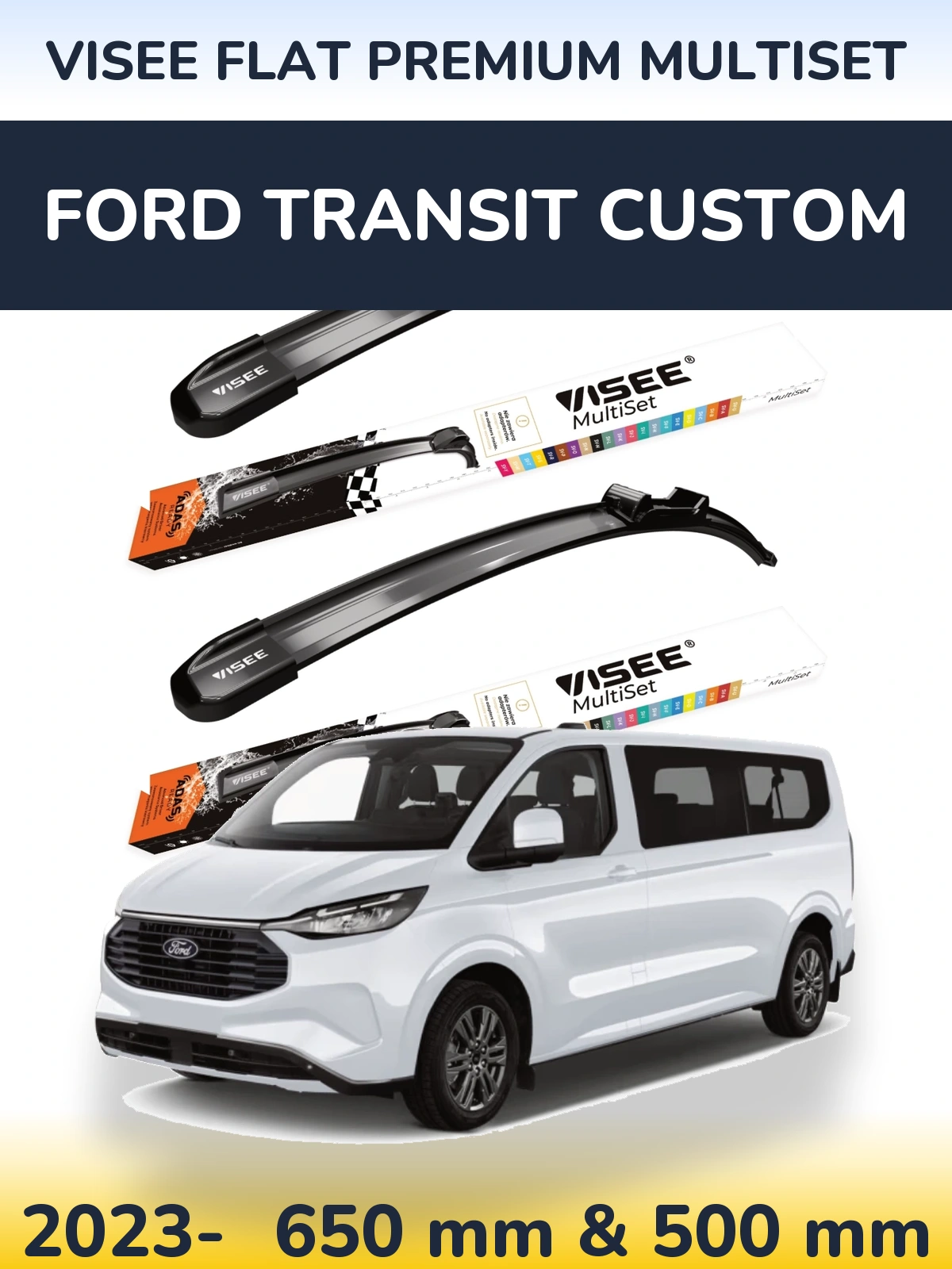 Комплект передних дворников VISEE FLAT PREMIUM MultiSet 650 & 500 мм для Ford Transit Custom 2023-2026