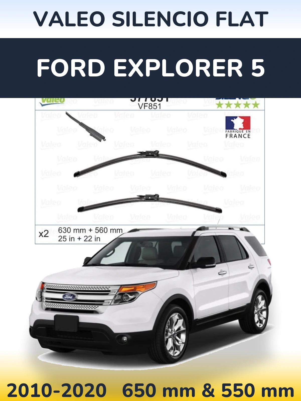 Front wiper blade set Valeo Silencio Flat 630 & 560 mm for Ford Explorer 5 2010-2020