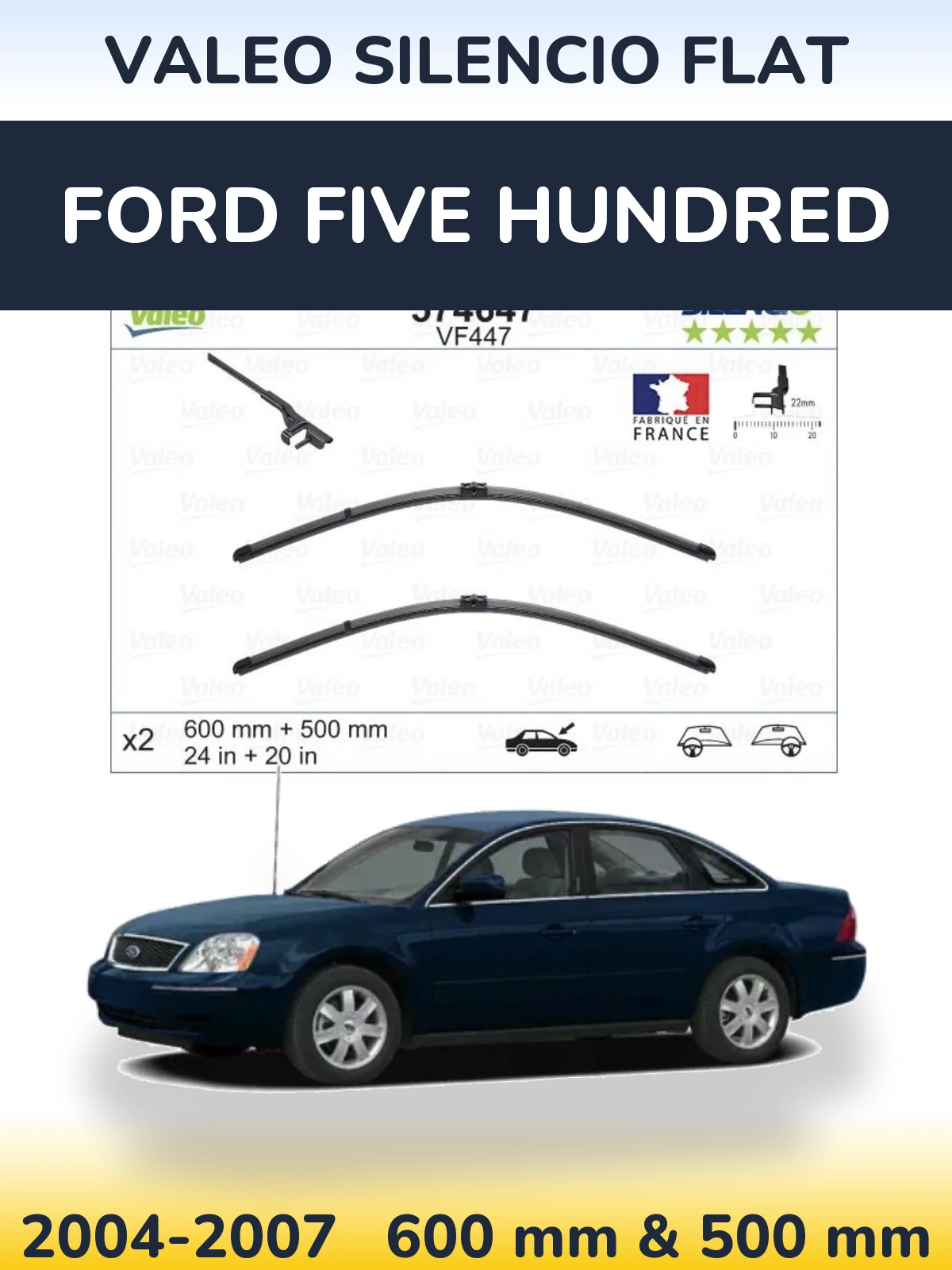 Komplet przednich wycieraczek Valeo Silencio Flat 600 & 500 mm do Ford Five Hundred 2004-2007