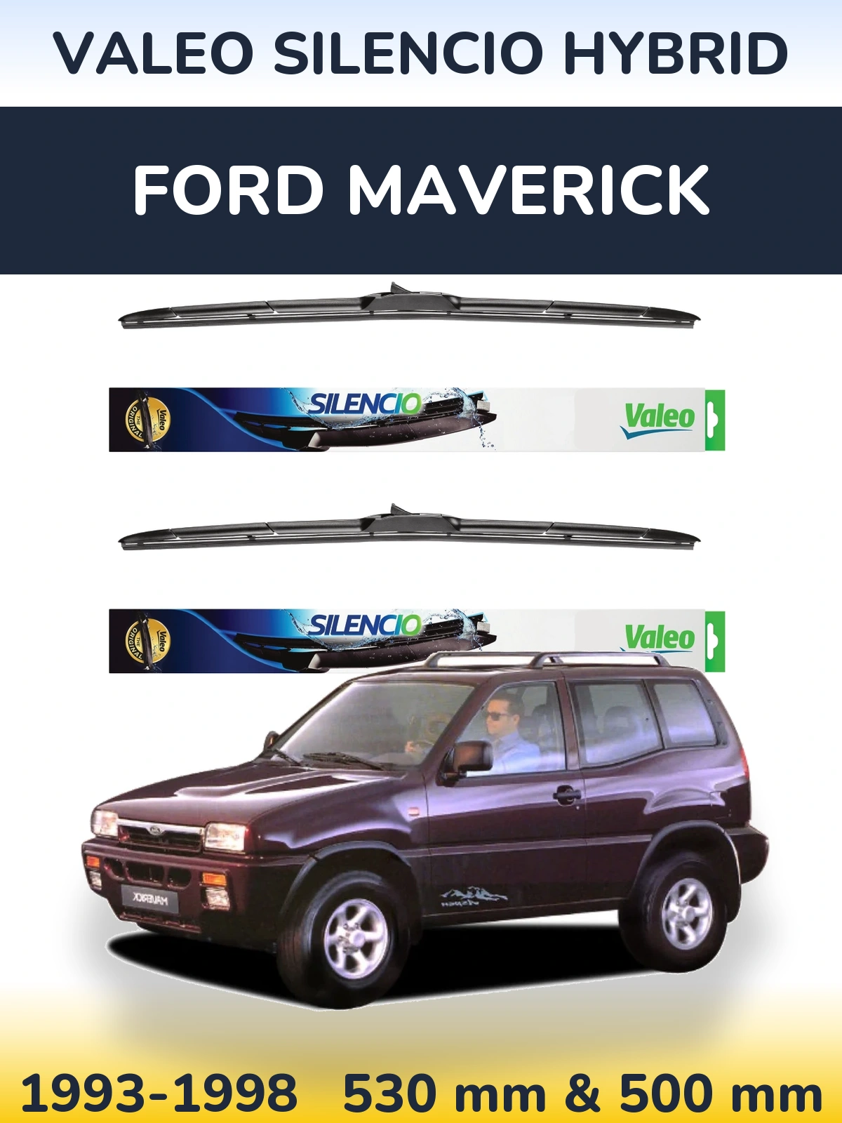 Komplet przednich wycieraczek Valeo Silencio Hybrid 530 & 500 mm do Ford Maverick 1993-1998