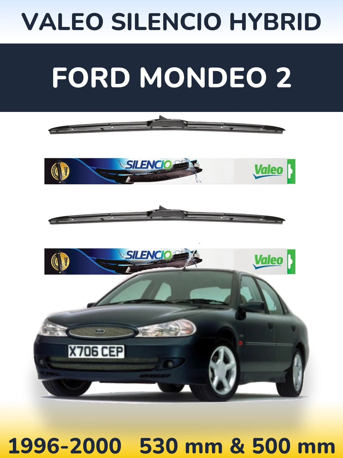 Front wiper blade set Valeo Silencio Hybrid 530 & 500 mm for Ford Mondeo 2 1996-2000
