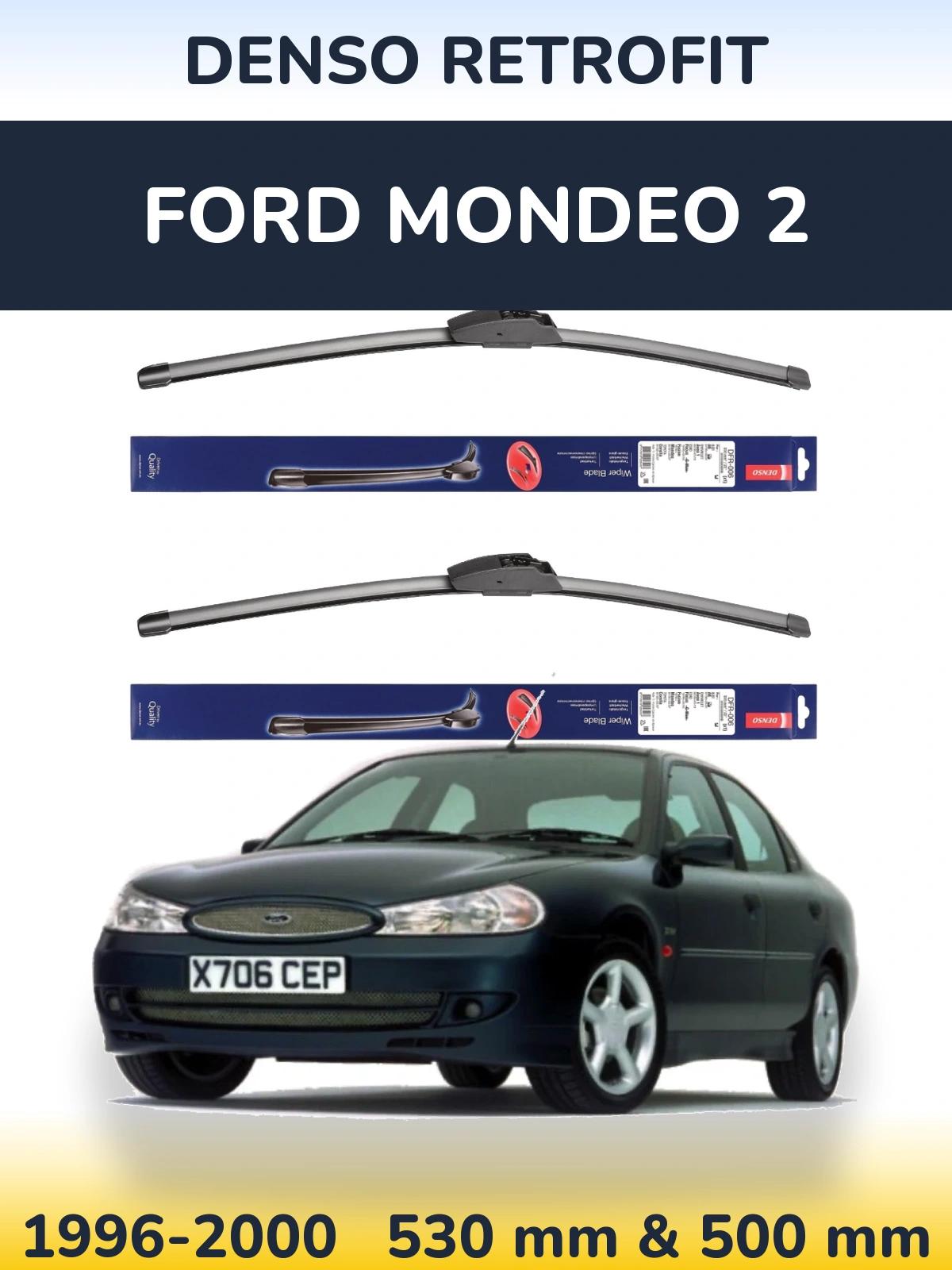 Front wiper blade set Denso Retrofit 530 & 500 mm for Ford Mondeo 2 1996-2000