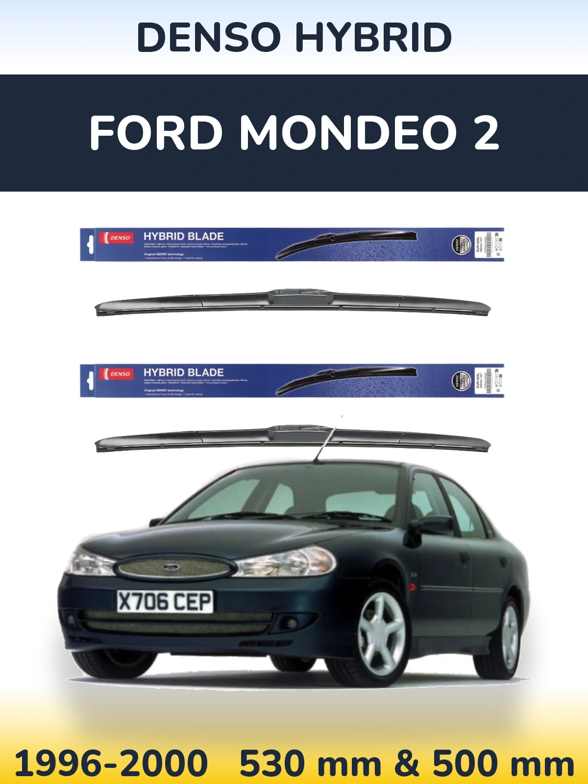 Front wiper blade set Denso Hybrid 530 & 500 mm for Ford Mondeo 2 1996-2000