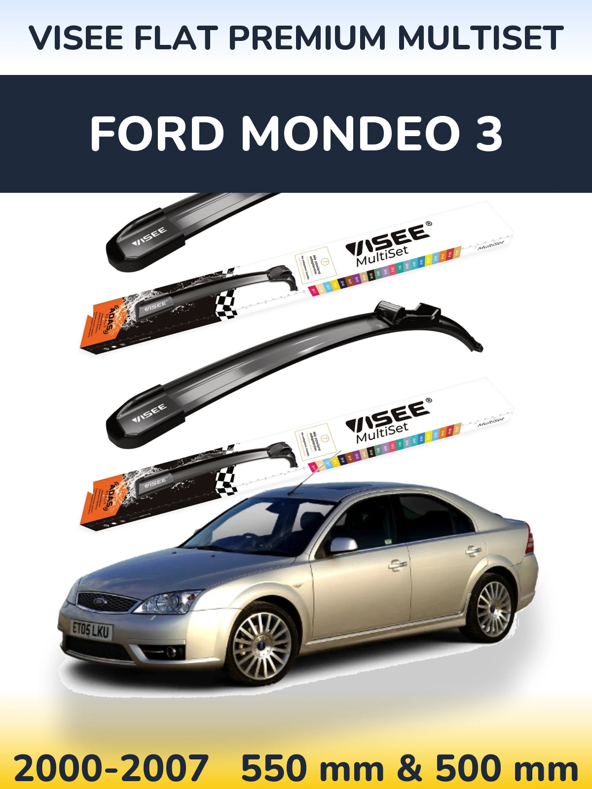 Komplet przednich wycieraczek VISEE FLAT PREMIUM MultiSet 550 & 500 mm do Ford Mondeo 3 2000-2007