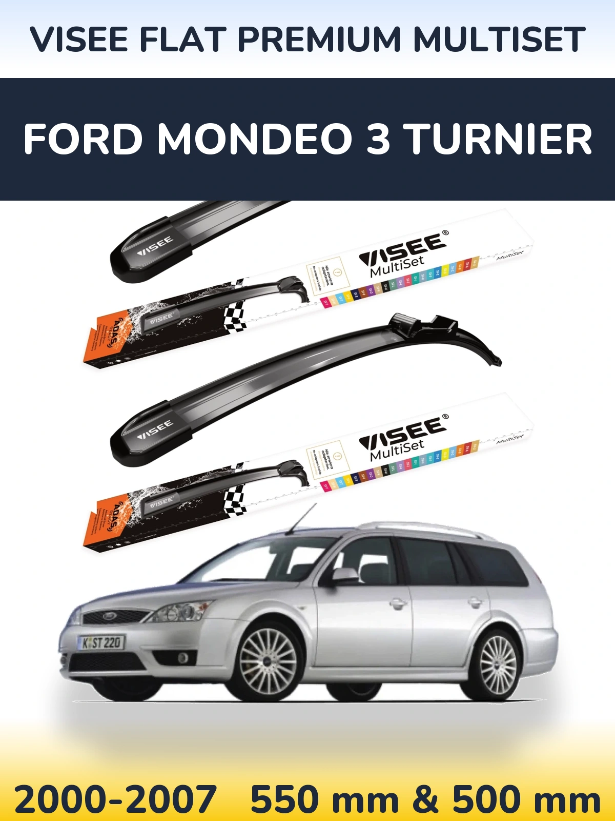 Komplet przednich wycieraczek VISEE FLAT PREMIUM MultiSet 550 & 500 mm do Ford Mondeo 3 Turnier 2000-2007