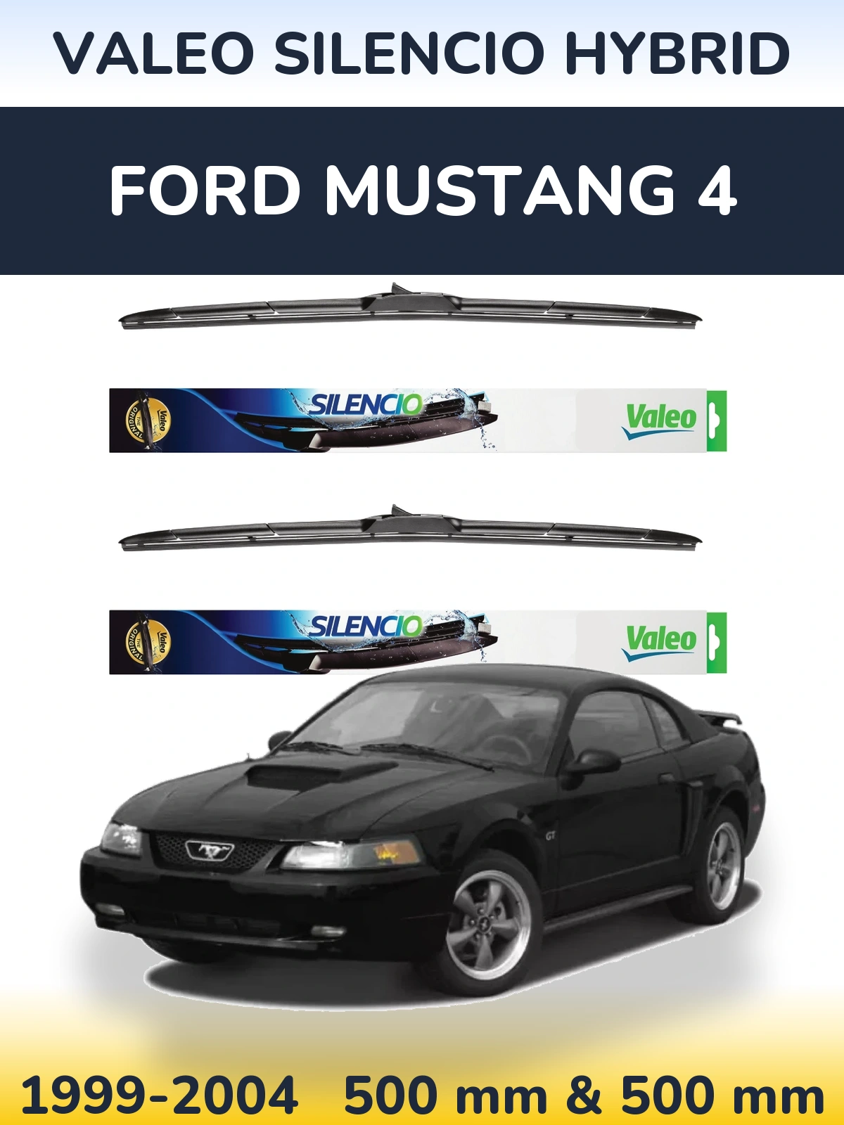 Front wiper blade set Valeo Silencio Hybrid 500 & 500 mm for Ford Mustang 4 1999-2004