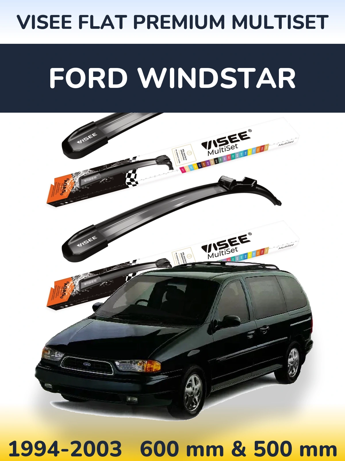 Front wiper blade set VISEE FLAT PREMIUM MultiSet 600 & 500 mm for Ford Windstar 1994-2003