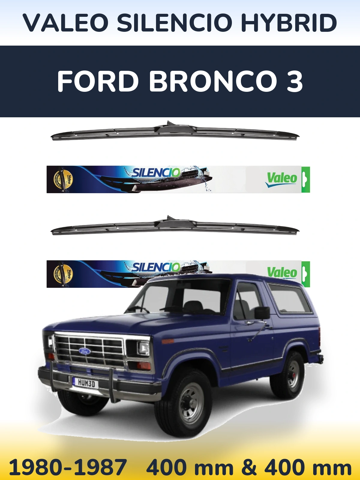 Komplet przednich wycieraczek Valeo Silencio Hybrid 400 & 400 mm do Ford Bronco 3 1980-1987