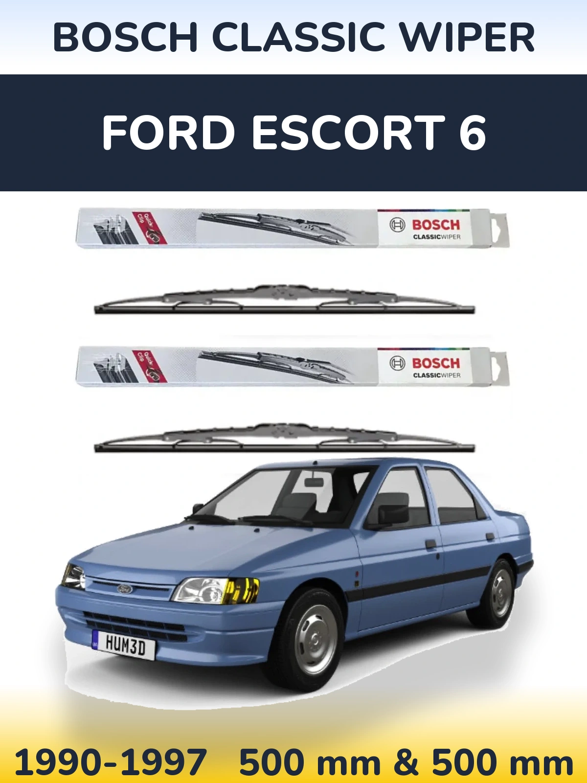 Front wiper blade set BOSCH Classic Wiper 500 & 500 mm for Ford Escort 6 1990-1997