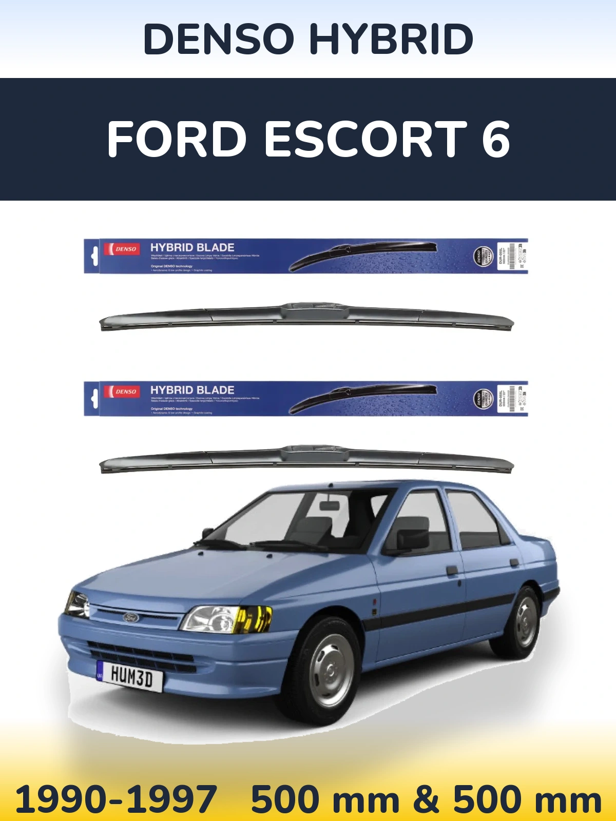 Front wiper blade set Denso Hybrid 500 & 500 mm for Ford Escort 6 1990-1997
