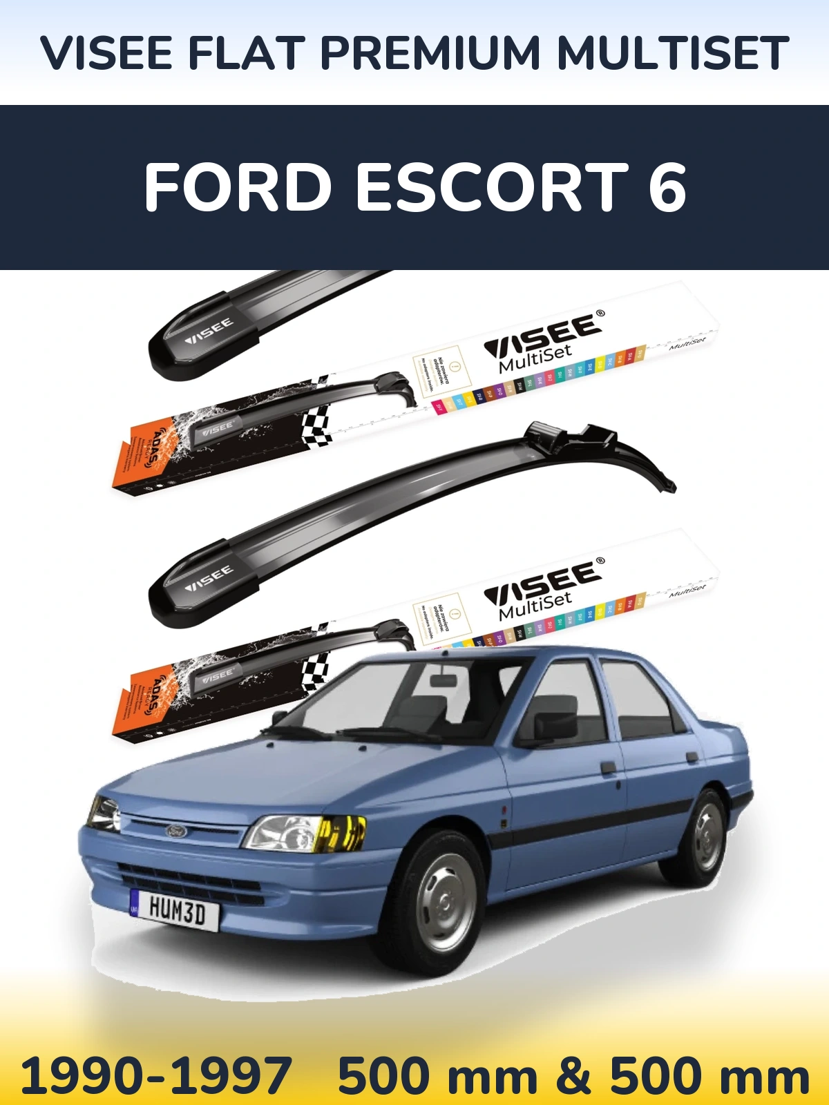 Front wiper blade set VISEE FLAT PREMIUM MultiSet 500 & 500 mm for Ford Escort 6 1990-1997