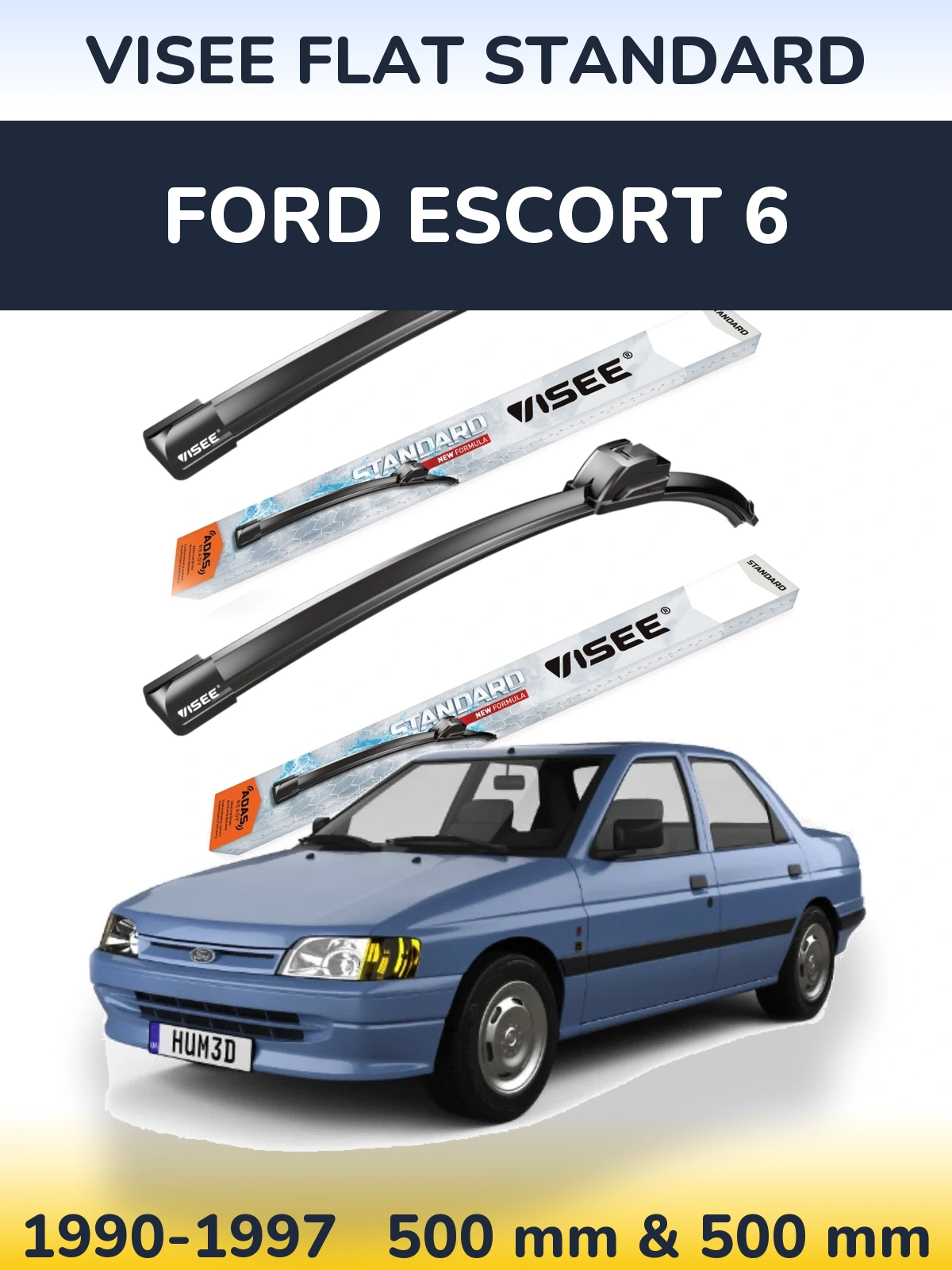 Front wiper blade set VISEE FLAT STANDARD 500 & 500 mm for Ford Escort 6 1990-1997