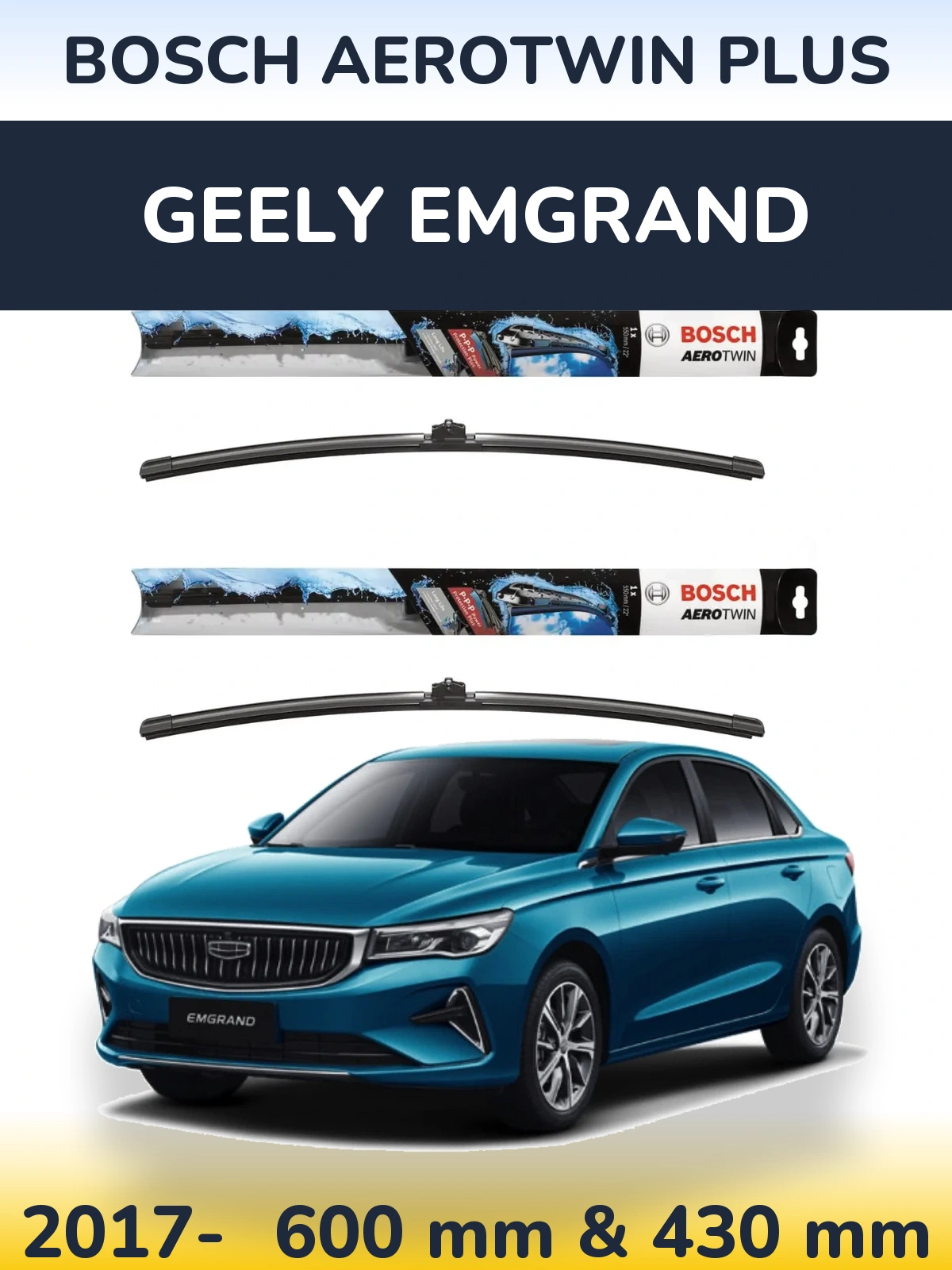 Комплект передніх щіток BOSCH AeroTwin Plus 600 & 430 мм для Geely Emgrand 2017-2026