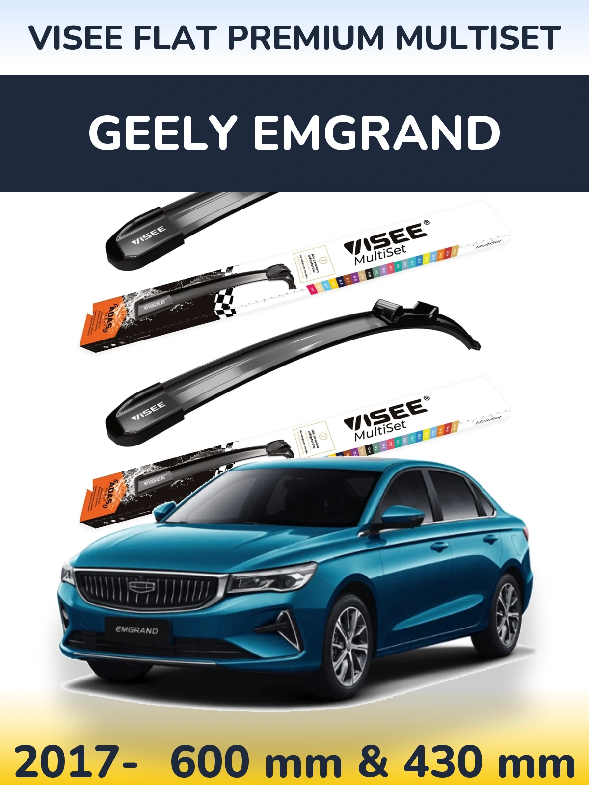 Komplet przednich wycieraczek VISEE FLAT PREMIUM MultiSet 600 & 430 mm do Geely Emgrand 2017-2026