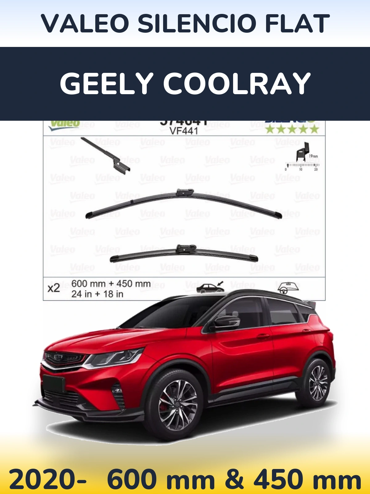 Komplet przednich wycieraczek Valeo Silencio Flat 600 & 450 mm do Geely Coolray 2020-2026