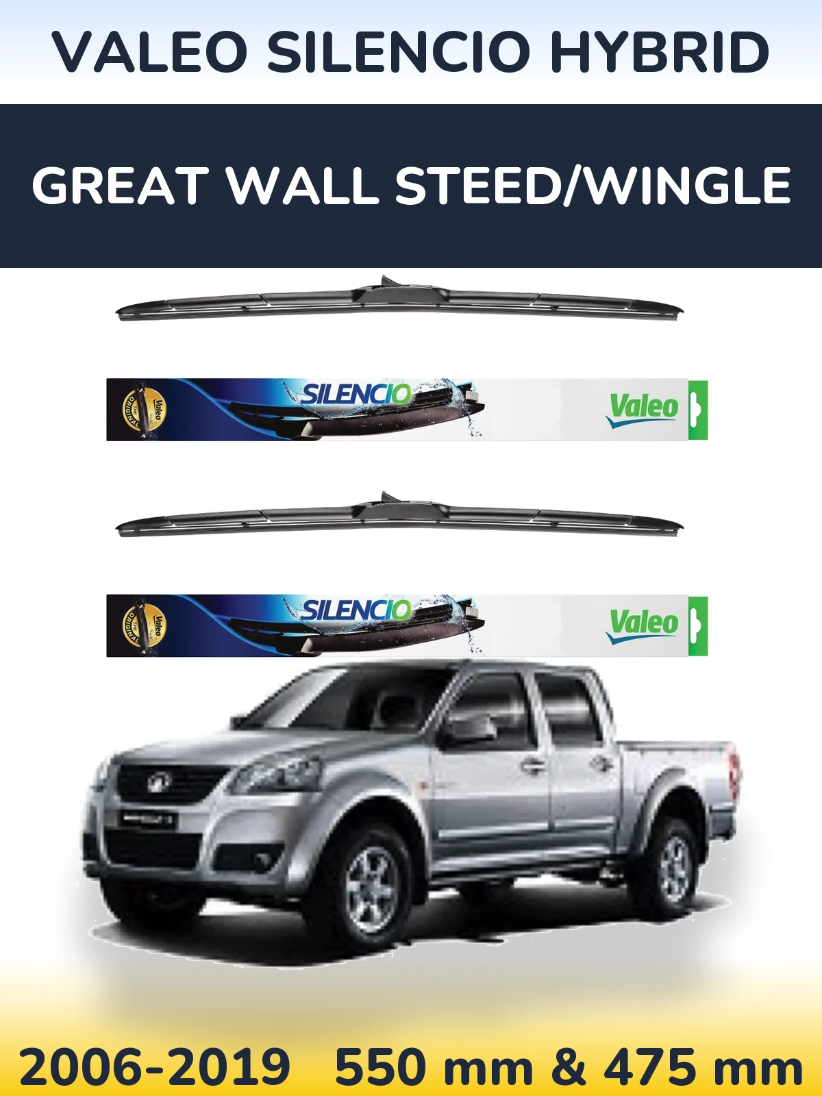 Front wiper blade set Valeo Silencio Hybrid 550 & 475 mm for Great Wall Steed/Wingle 2006-2019