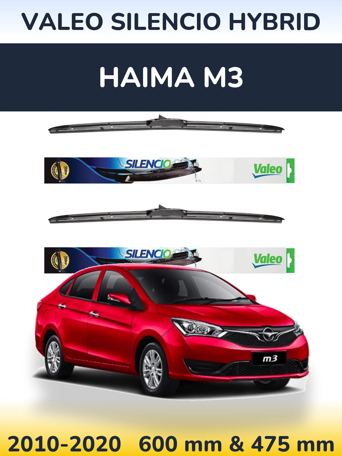 Front wiper blade set Valeo Silencio Hybrid 600 & 475 mm for Haima M3 2010-2020