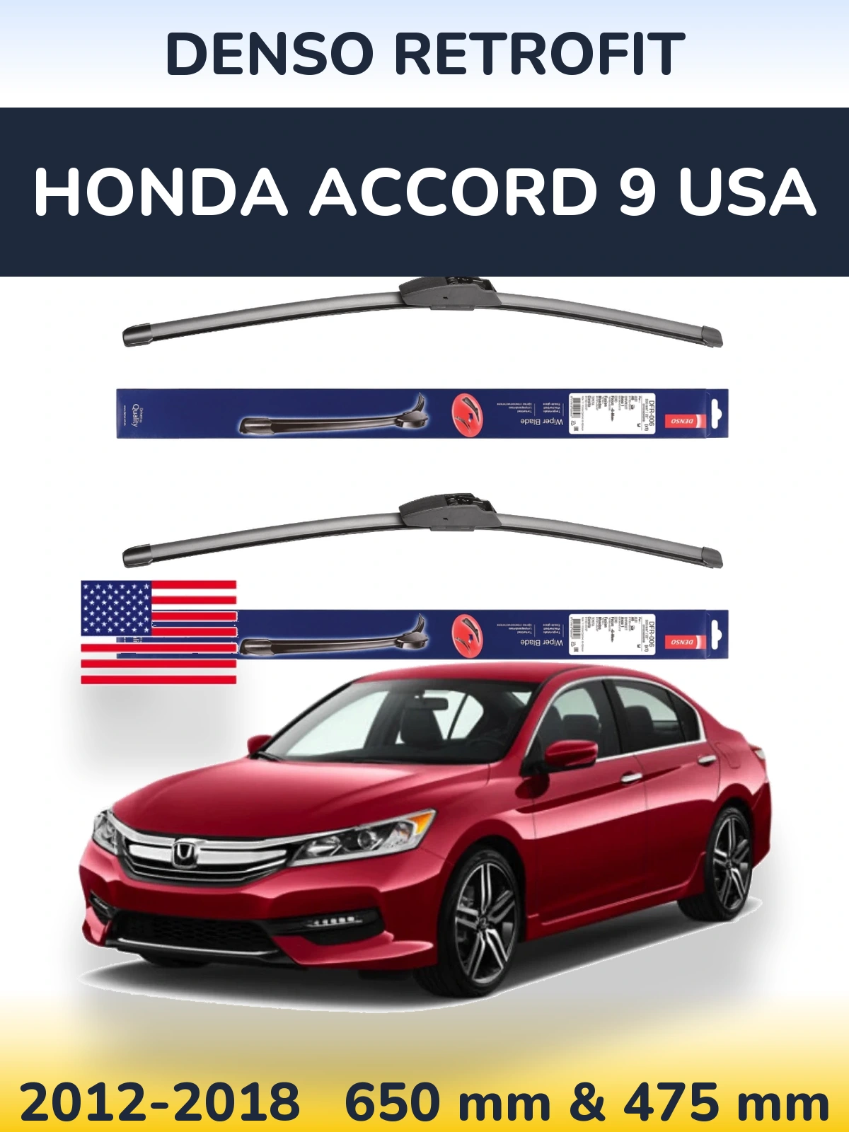Front wiper blade set Denso Retrofit 650 & 475 mm for Honda Accord 9 USA 2012-2018