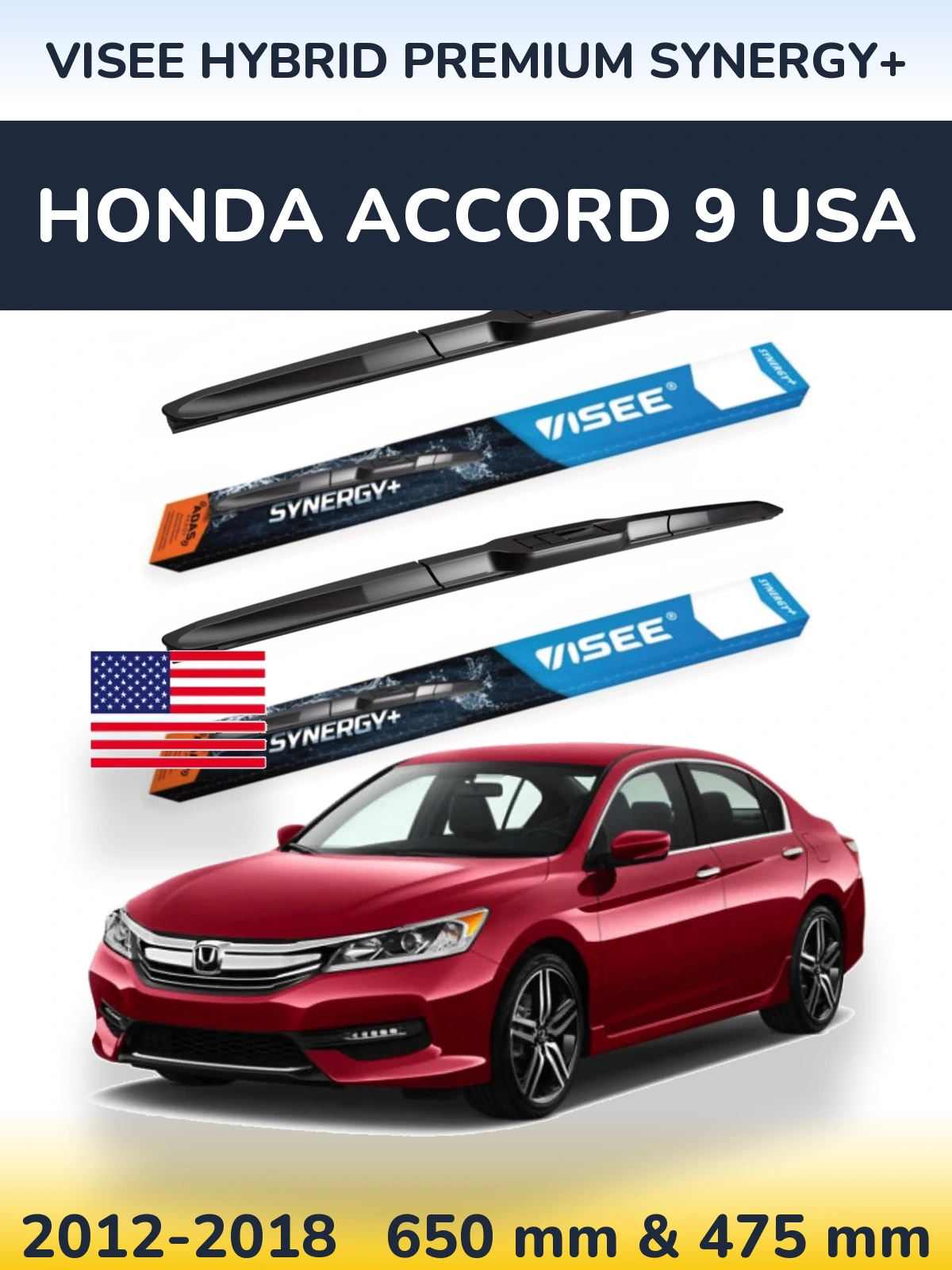 Komplet przednich wycieraczek VISEE HYBRID PREMIUM SYNERGY+ 650 & 475 mm do Honda Accord 9 USA 2012-2018