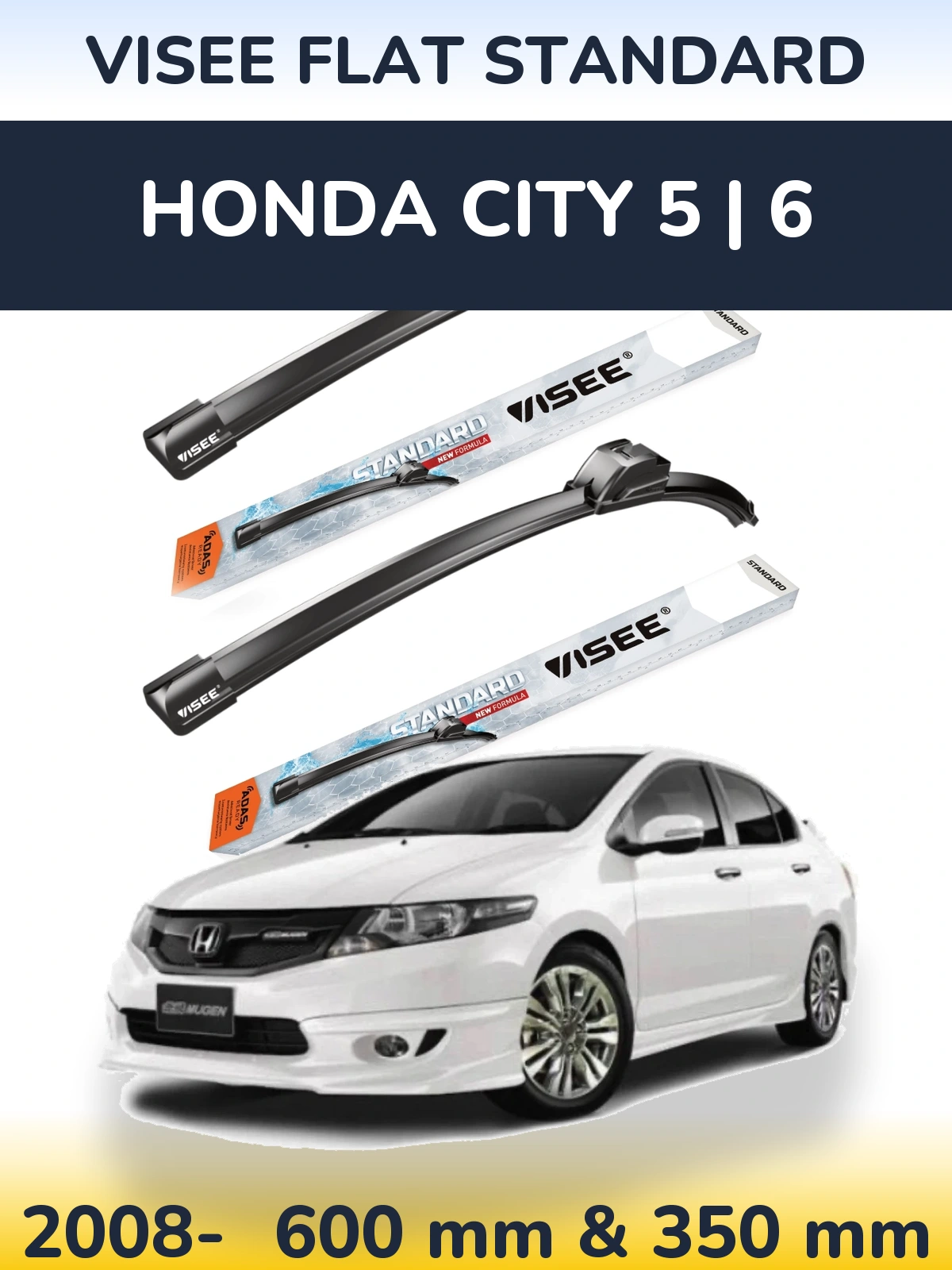 Комплект передних дворников VISEE FLAT STANDARD 600 & 350 мм для Honda City 5 | 6 2008-2026