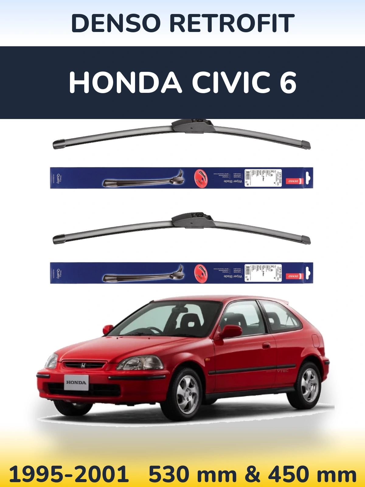 Front wiper blade set Denso Retrofit 530 & 450 mm for Honda Civic 6 1995-2001