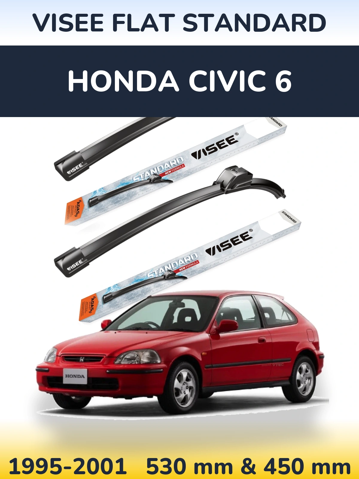 Комплект передних дворников VISEE FLAT STANDARD 530 & 450 мм для Honda Civic 6 1995-2001
