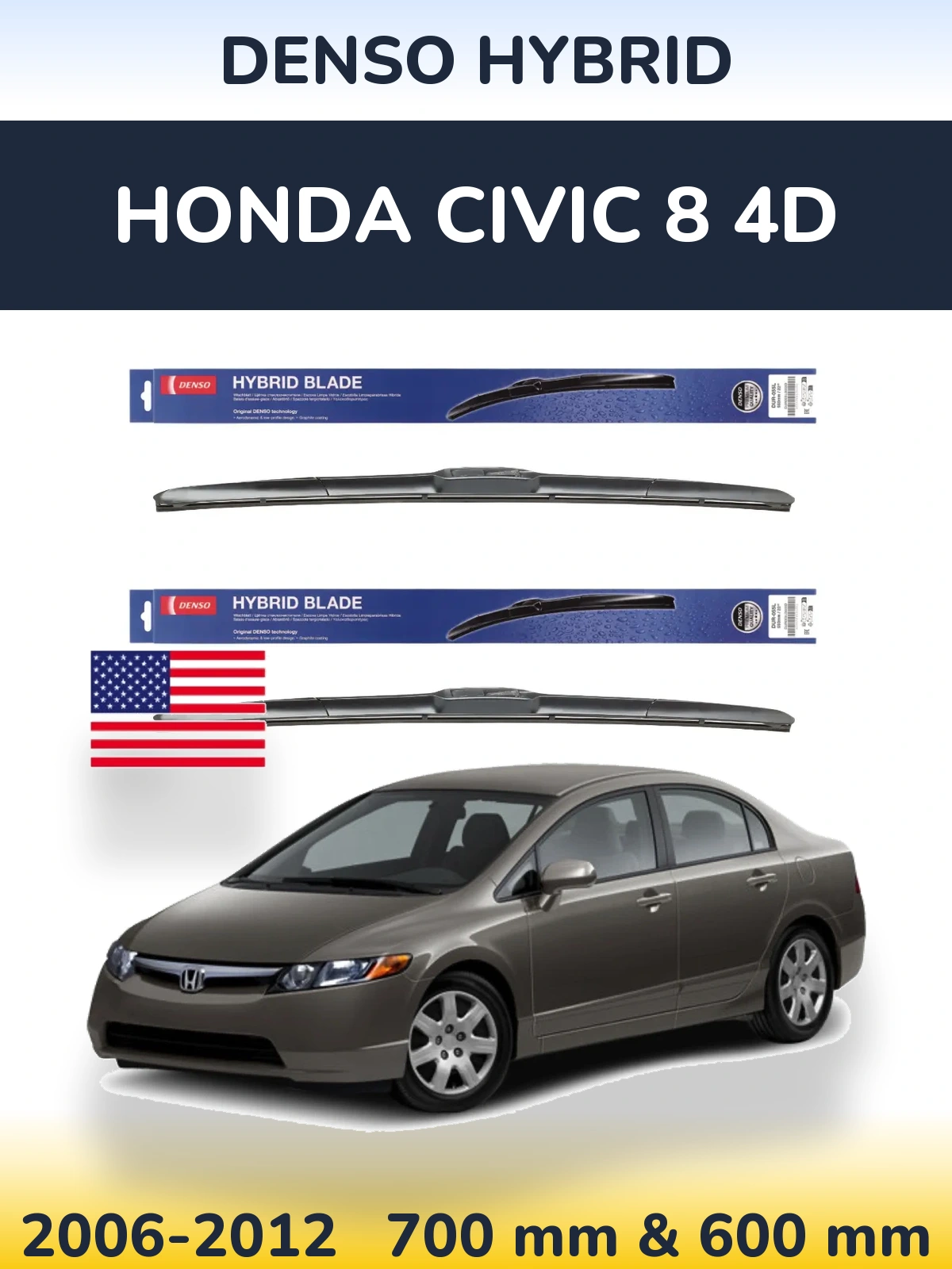 Komplet przednich wycieraczek Denso Hybrid 700 & 600 mm do Honda Civic 8 4D 2006-2012