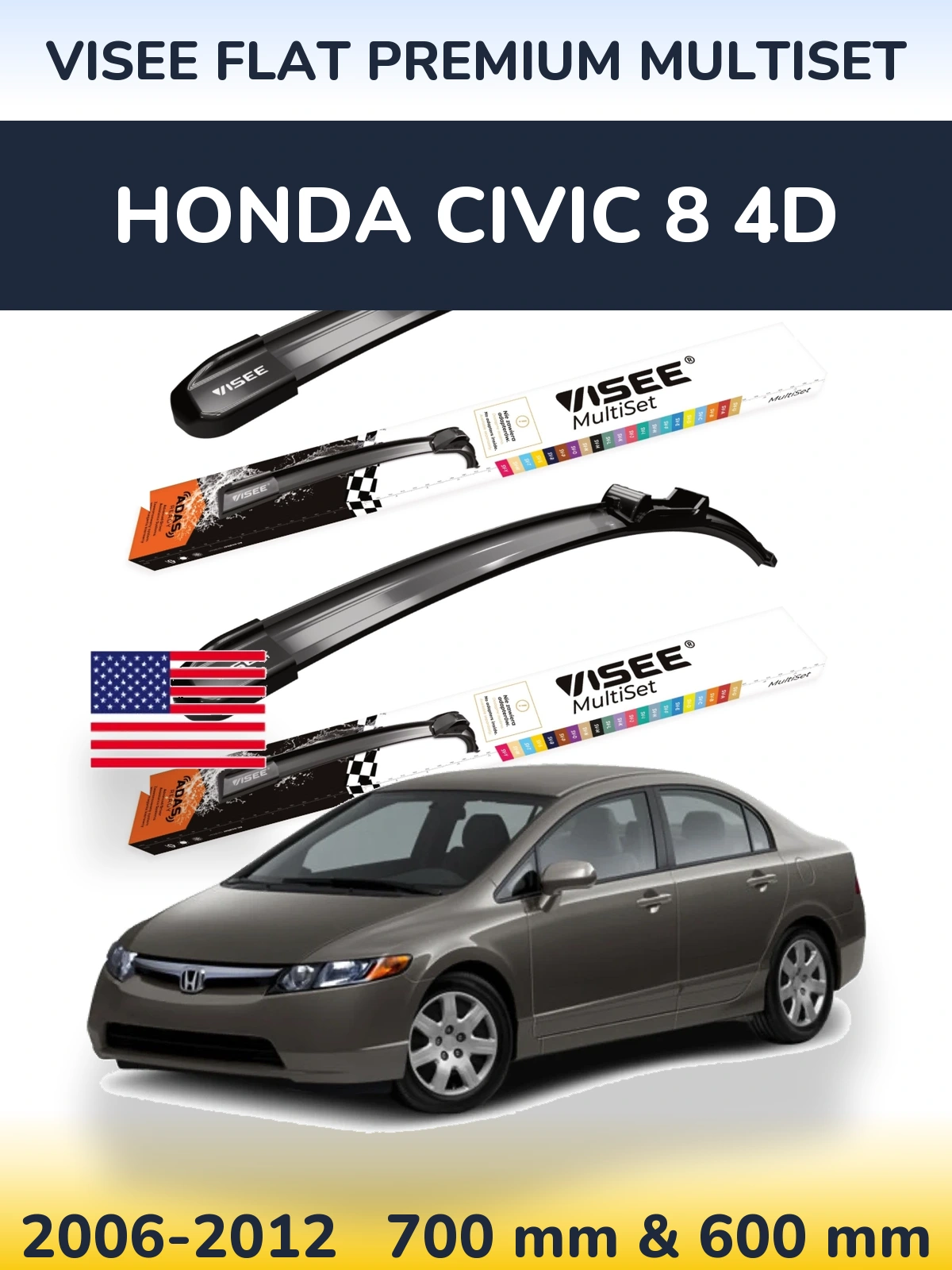 Komplet przednich wycieraczek VISEE FLAT PREMIUM MultiSet 700 & 600 mm do Honda Civic 8 4D 2006-2012