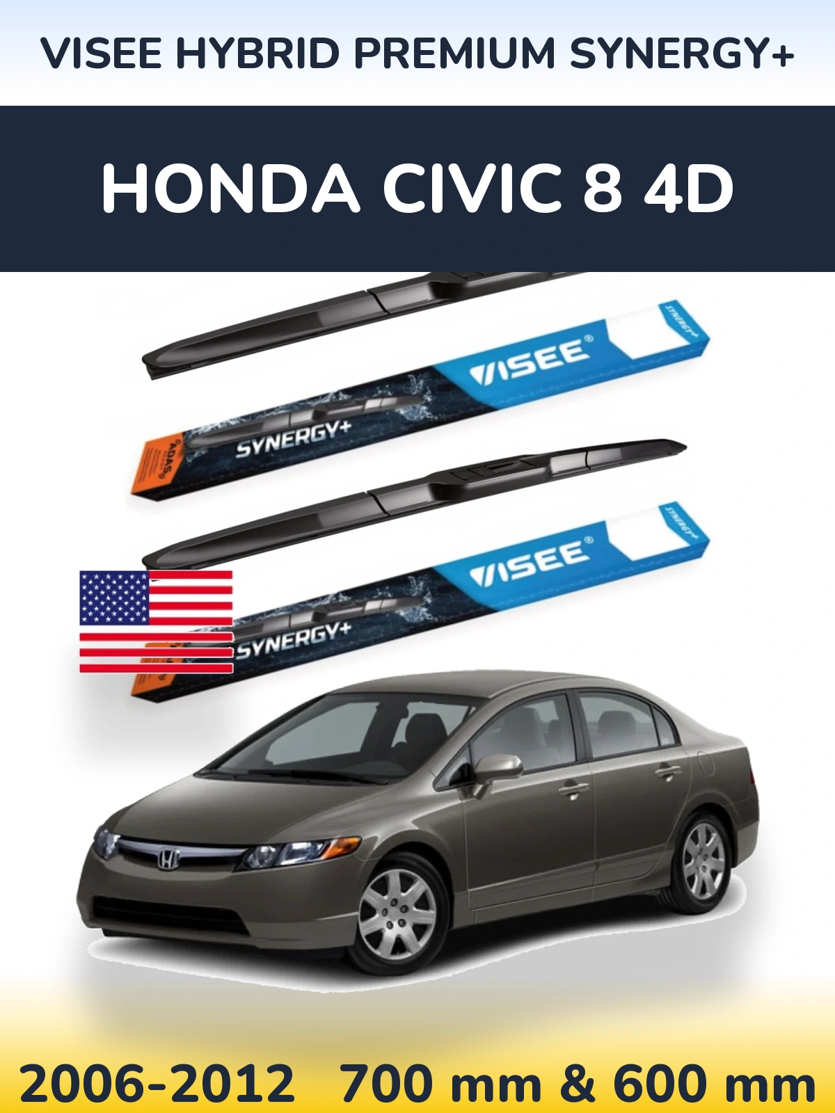 Front wiper blade set VISEE HYBRID PREMIUM SYNERGY+ 700 & 600 mm for Honda Civic 8 4D 2006-2012