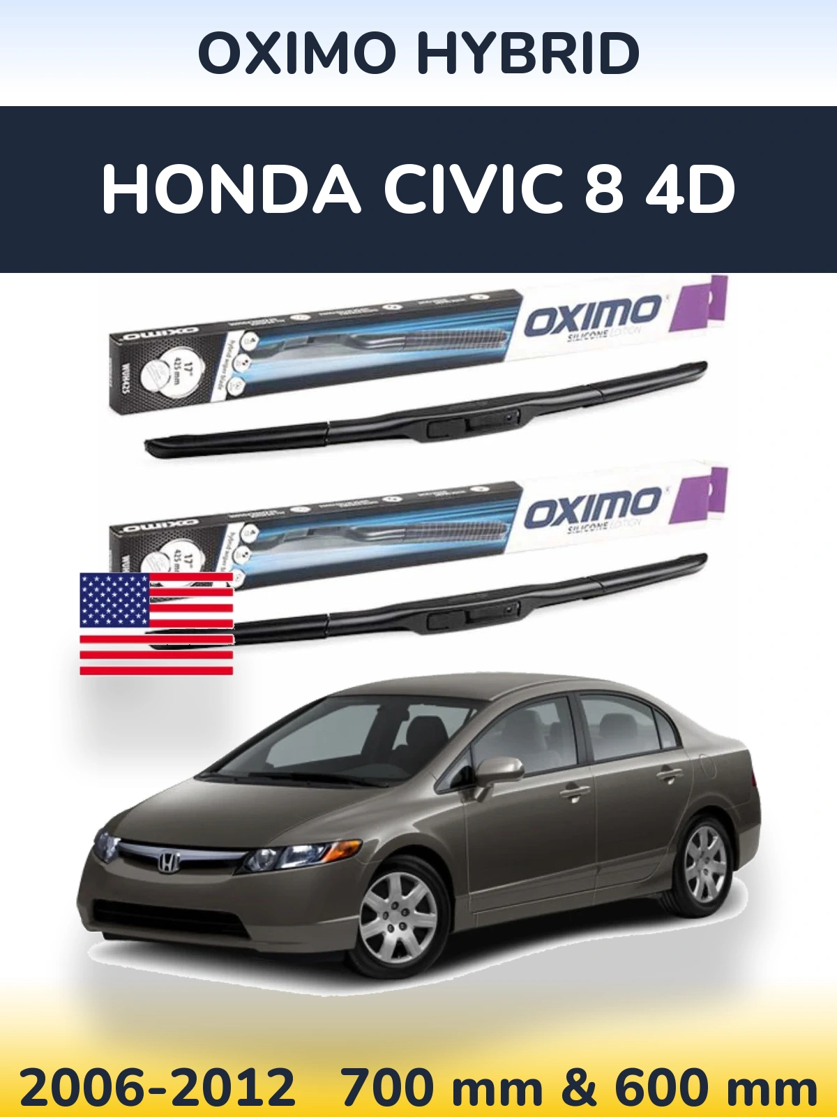 Front wiper blade set Oximo Hybrid 700 & 600 mm for Honda Civic 8 4D 2006-2012