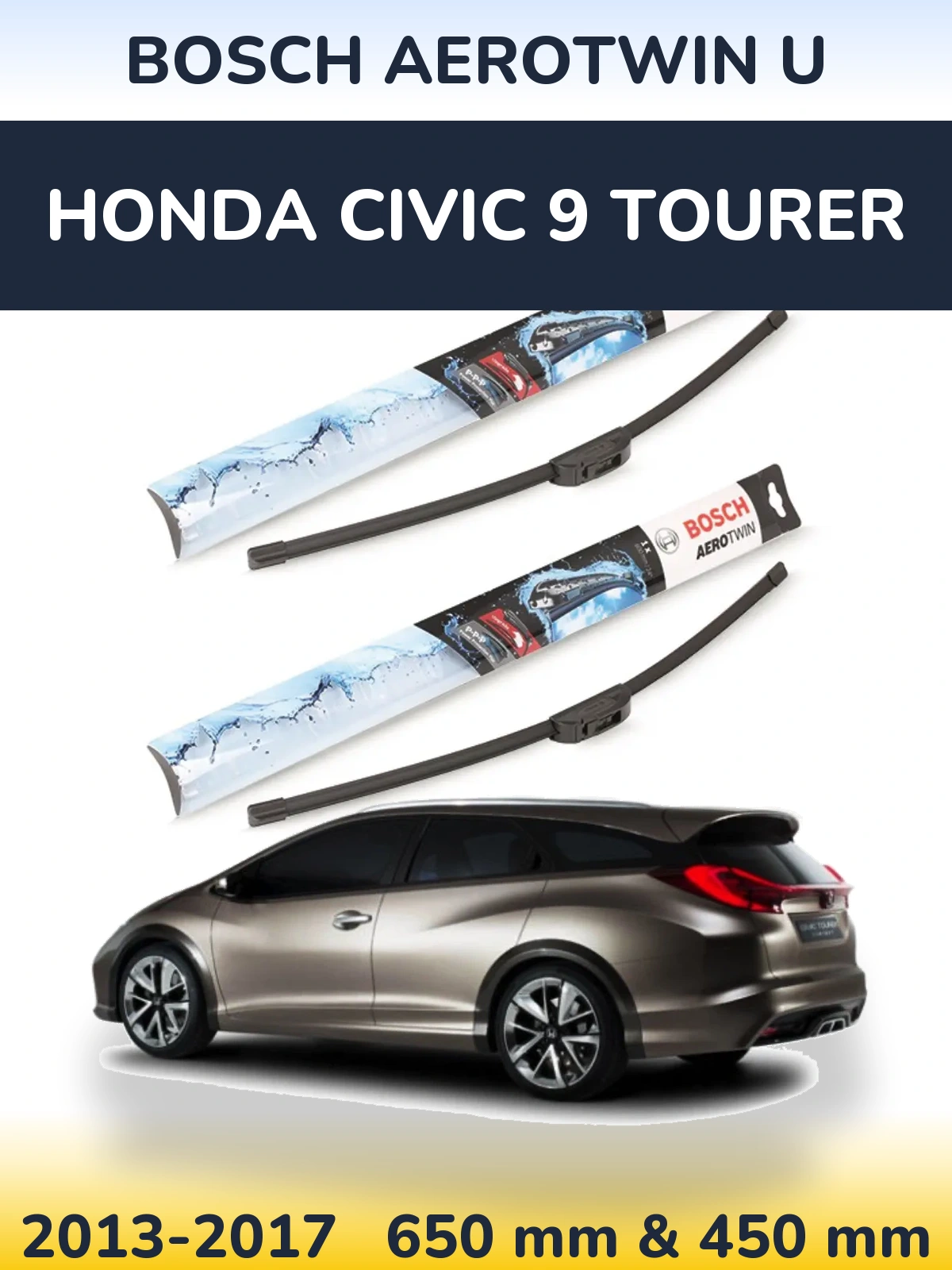 Komplet przednich wycieraczek BOSCH AeroTwin U 650 & 450 mm do Honda Civic 9 Tourer 2013-2017