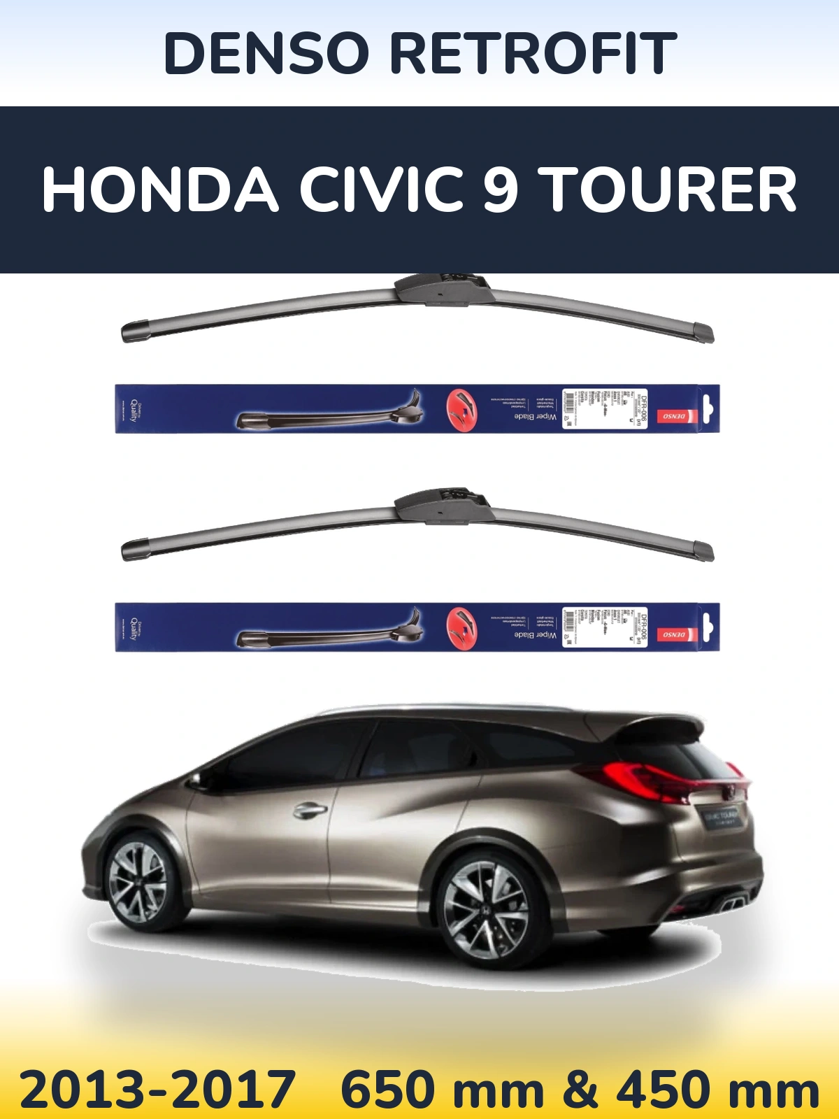 Front wiper blade set Denso Retrofit 650 & 450 mm for Honda Civic 9 Tourer 2013-2017