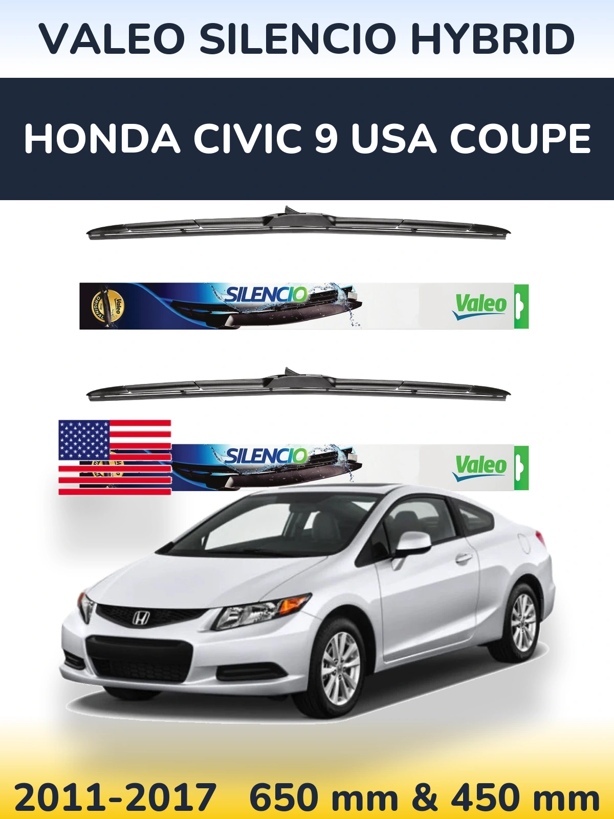 Komplet przednich wycieraczek Valeo Silencio Hybrid 650 & 450 mm do Honda Civic 9 USA coupe 2011-2017