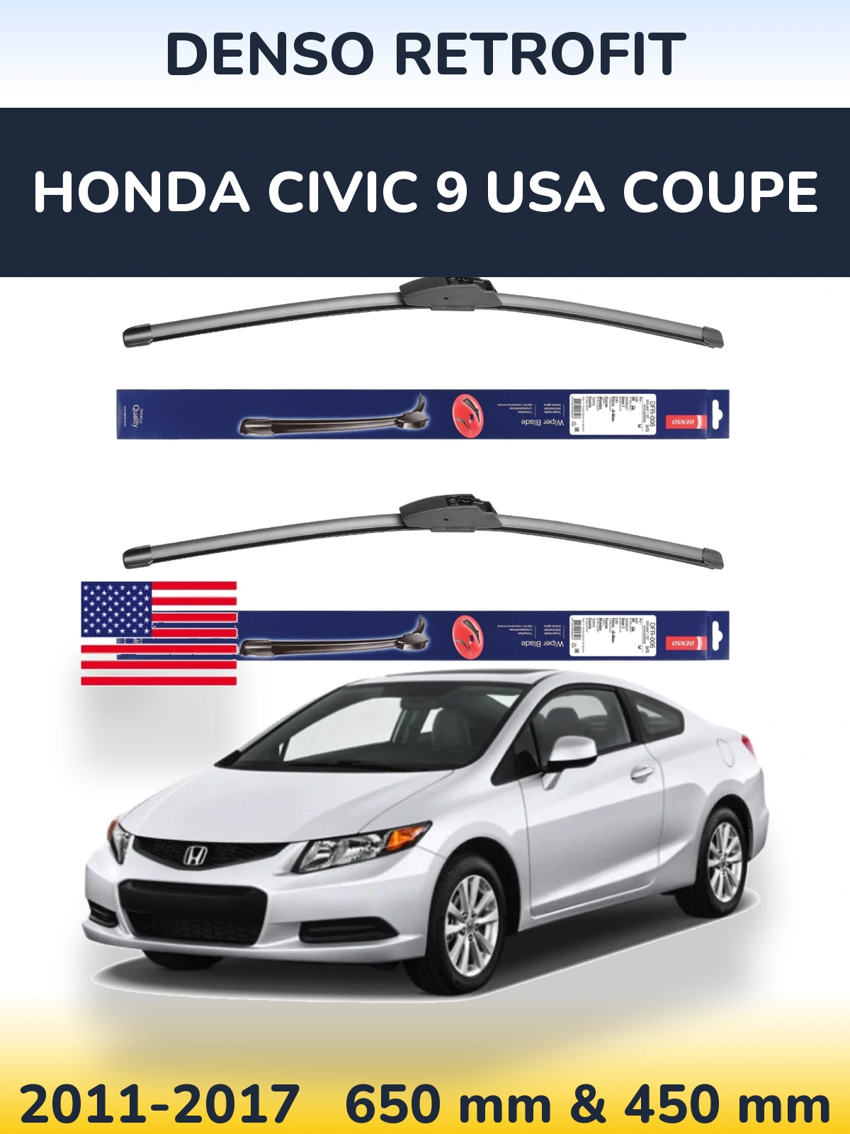 Komplet przednich wycieraczek Denso Retrofit 650 & 450 mm do Honda Civic 9 USA coupe 2011-2017