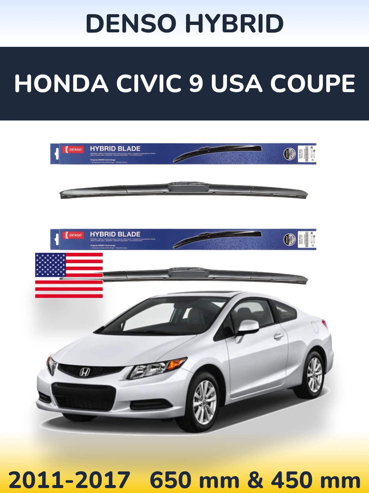 Komplet przednich wycieraczek Denso Hybrid 650 & 450 mm do Honda Civic 9 USA coupe 2011-2017