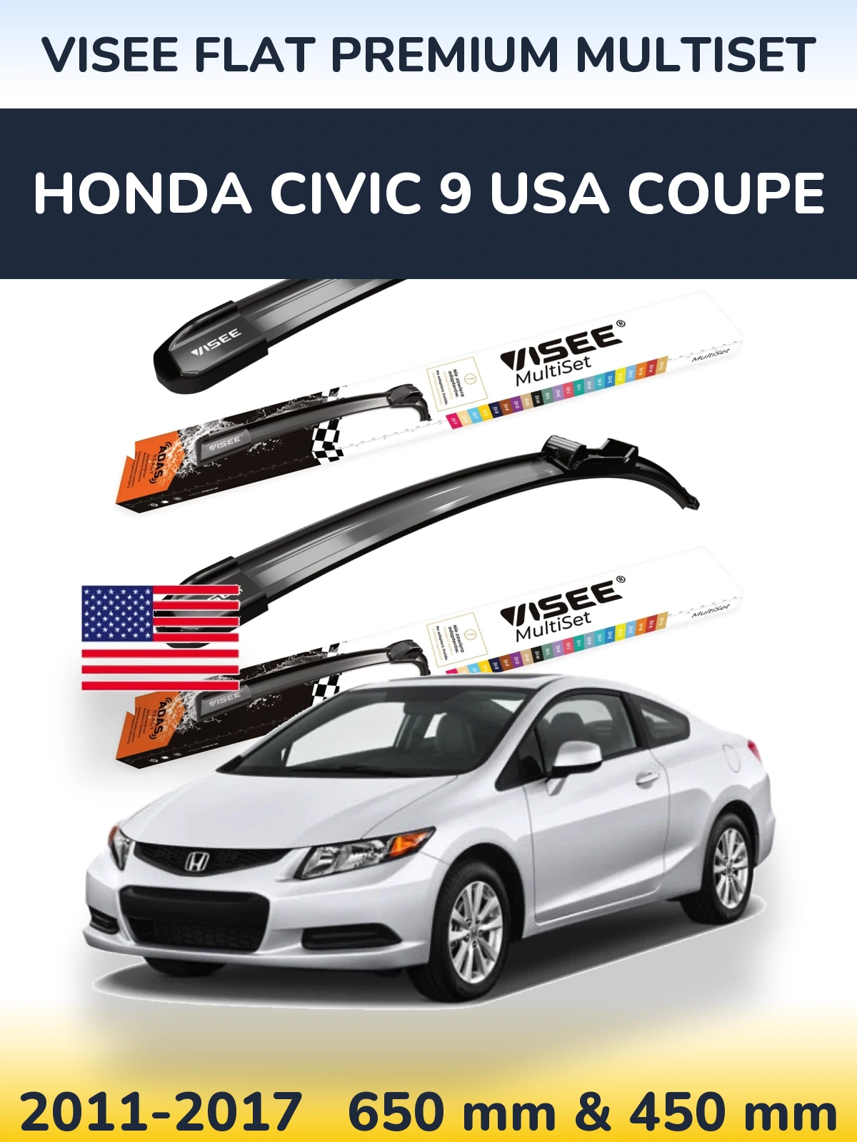 Komplet przednich wycieraczek VISEE FLAT PREMIUM MultiSet 650 & 450 mm do Honda Civic 9 USA coupe 2011-2017
