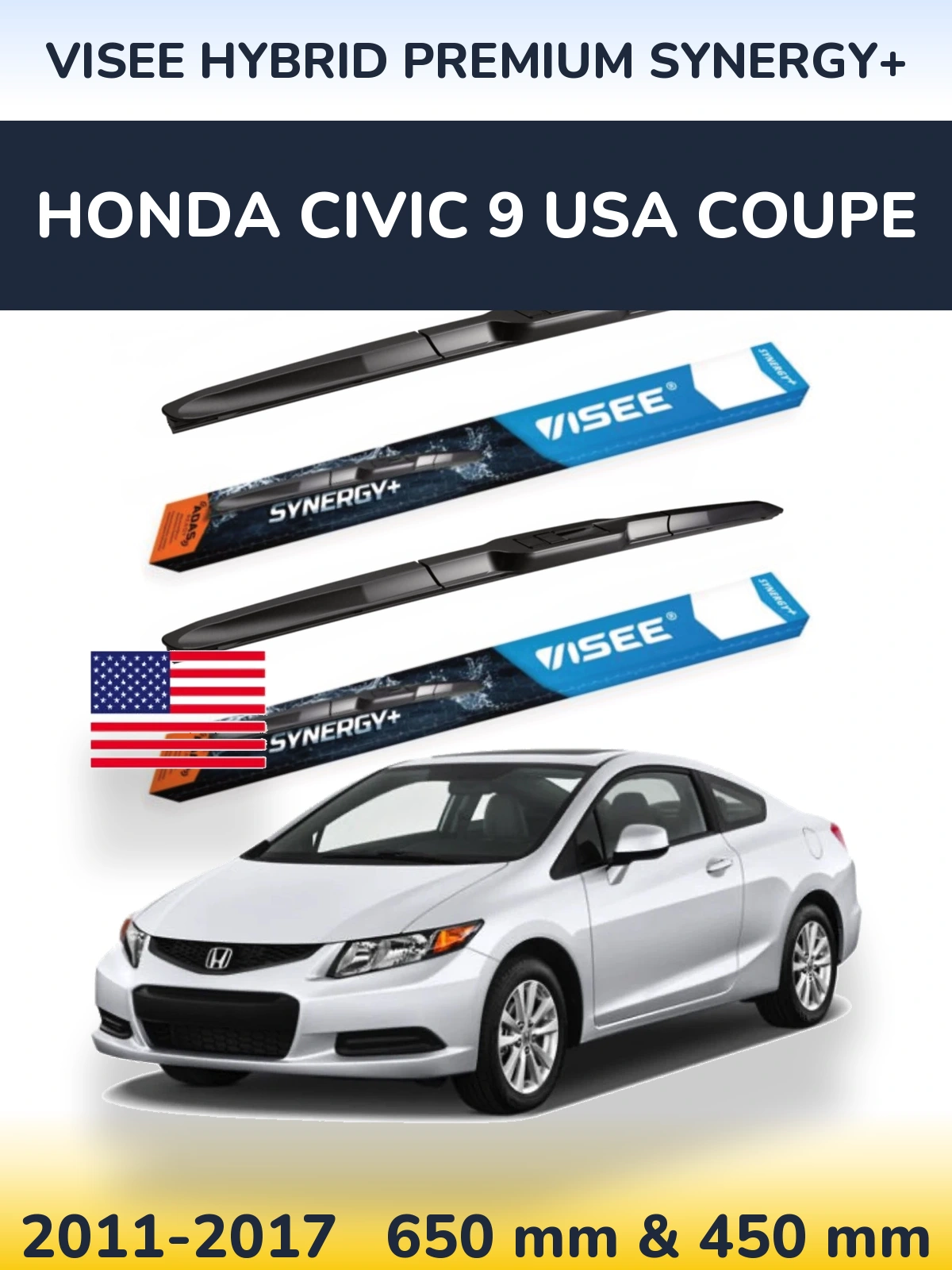 Комплект передніх щіток VISEE HYBRID PREMIUM SYNERGY+ 650 & 450 мм для Honda Civic 9 USA coupe 2011-2017
