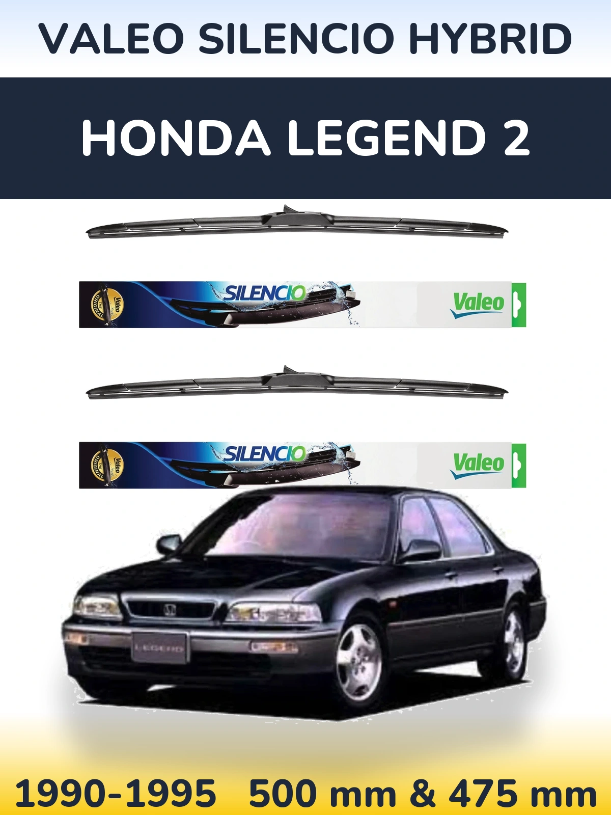 Front wiper blade set Valeo Silencio Hybrid 500 & 475 mm for Honda Legend 2 1990-1995