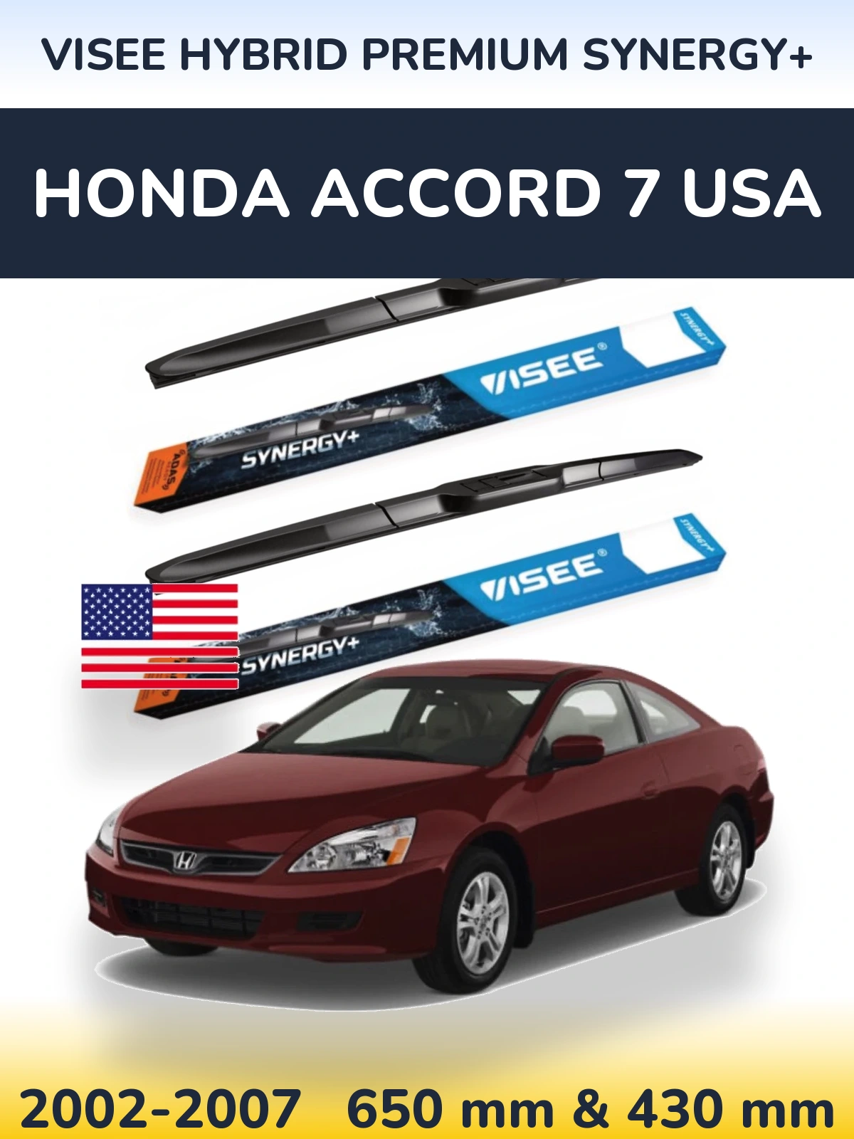 Front wiper blade set VISEE HYBRID PREMIUM SYNERGY+ 650 & 430 mm for Honda Accord 7 USA 2002-2007