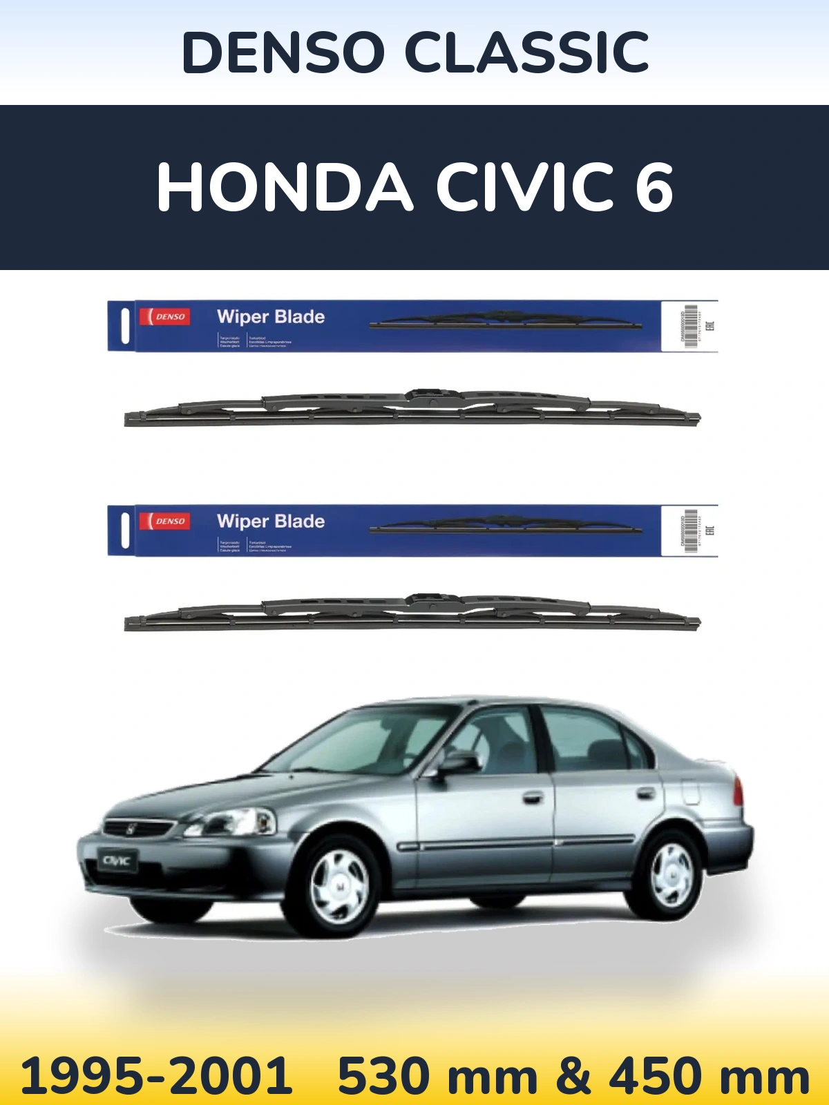 Front wiper blade set Denso Classic 530 & 450 mm for Honda Civic 6 1995-2001