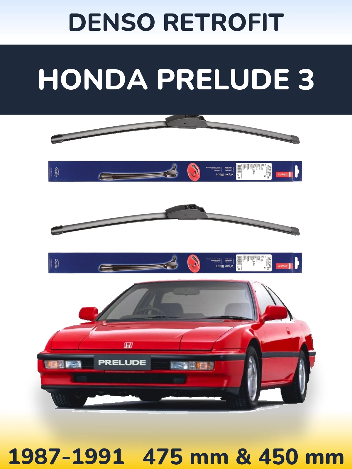 Front wiper blade set Denso Retrofit 475 & 450 mm for Honda Prelude 3 1987-1991