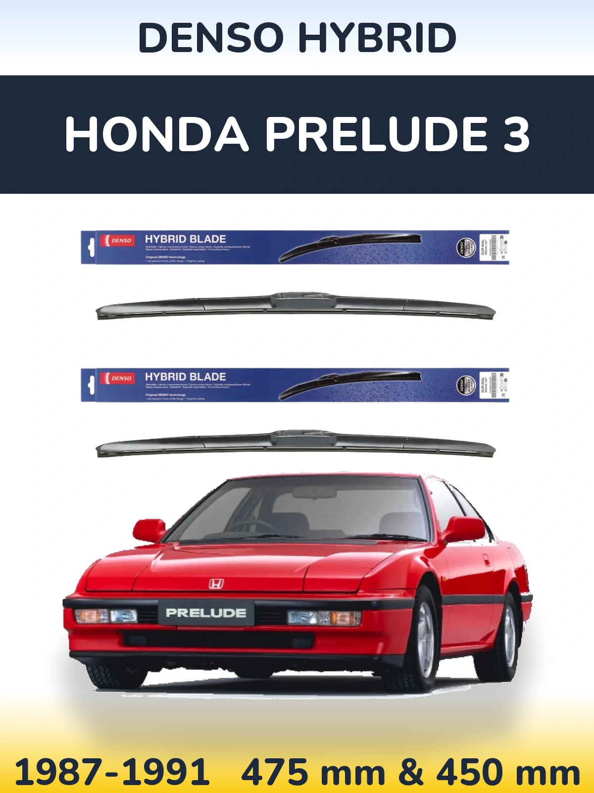 Front wiper blade set Denso Hybrid 475 & 450 mm for Honda Prelude 3 1987-1991