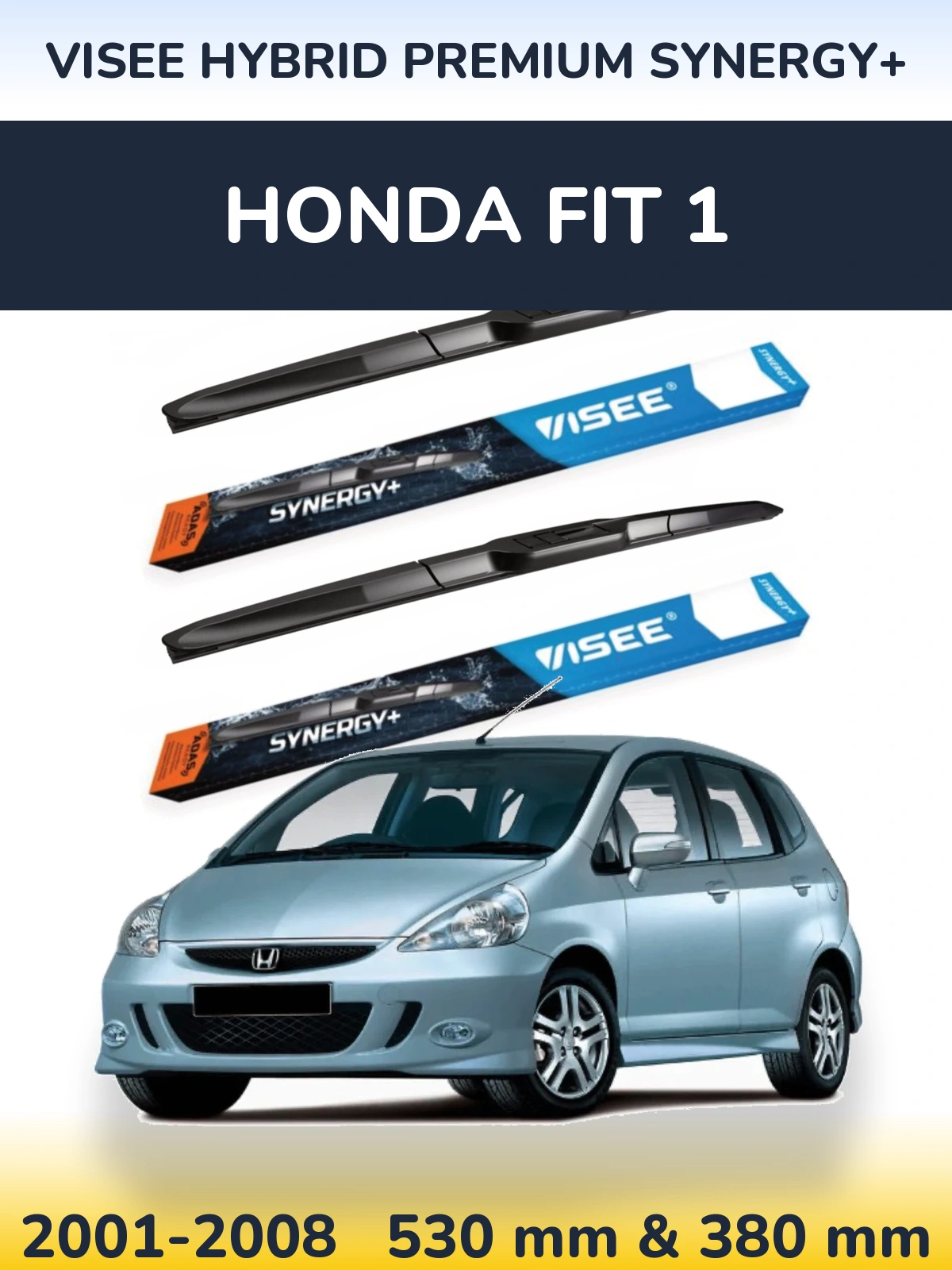 Front wiper blade set VISEE HYBRID PREMIUM SYNERGY+ 530 & 380 mm for Honda Fit 1 2001-2008