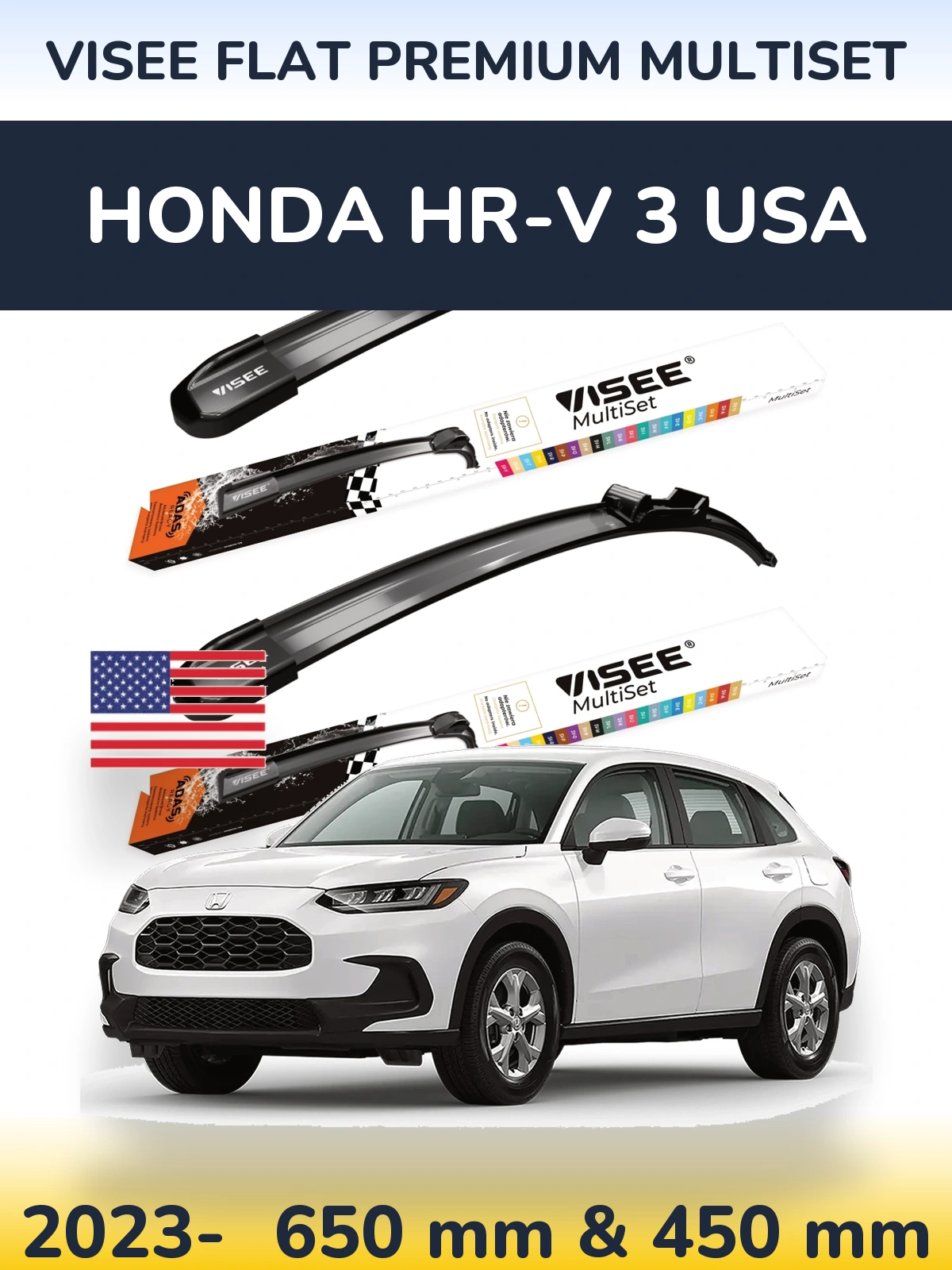 Komplet przednich wycieraczek VISEE FLAT PREMIUM MultiSet 650 & 450 mm do Honda HR-V 3 USA 2023-2026