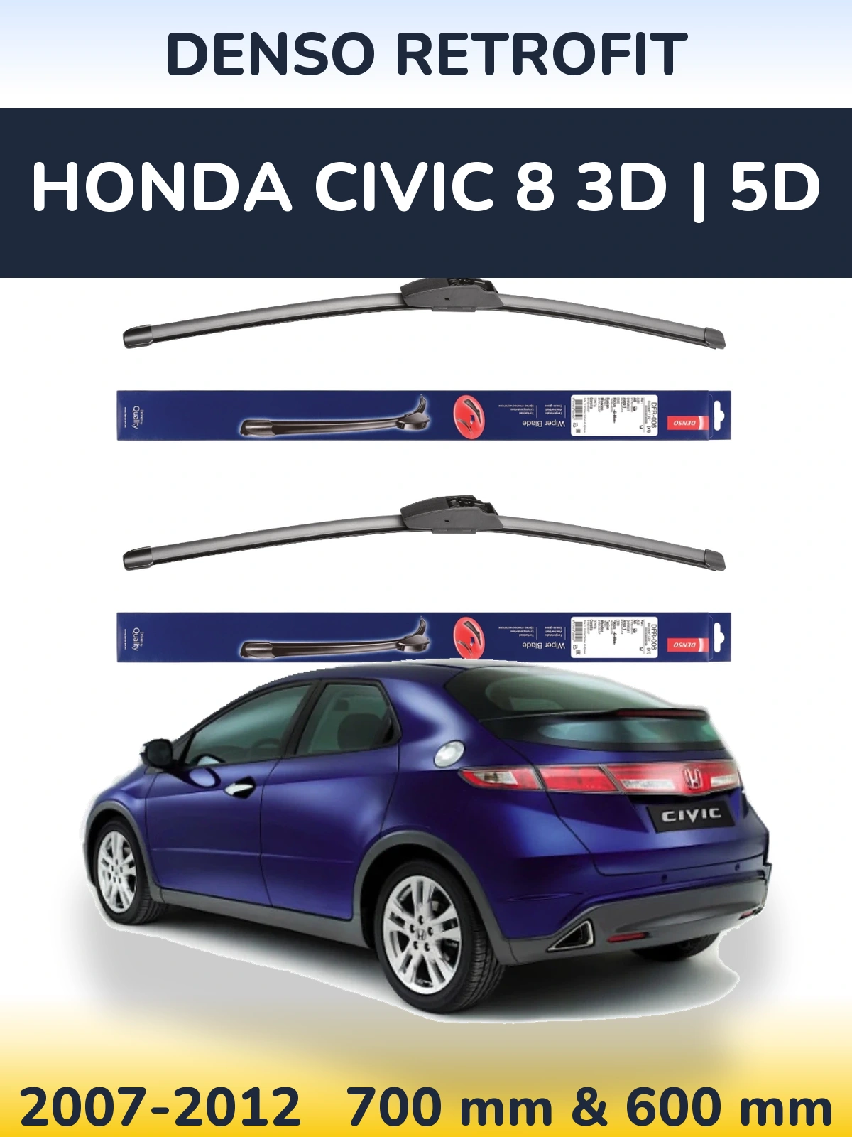 Komplet przednich wycieraczek Denso Retrofit 700 & 600 mm do Honda Civic 8 3D | 5D 2007-2012