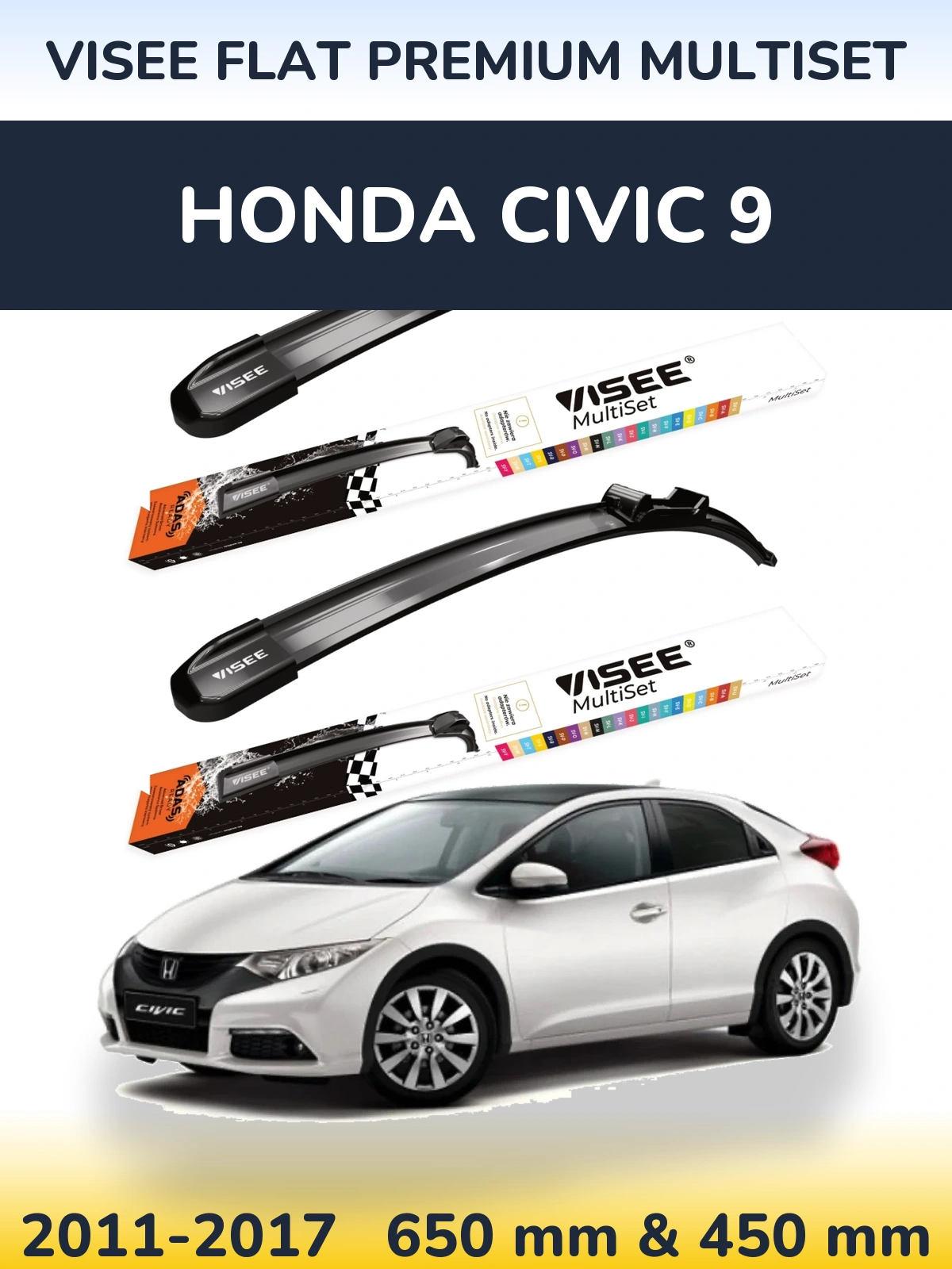 Komplet przednich wycieraczek VISEE FLAT PREMIUM MultiSet 650 & 450 mm do Honda Civic 9 2011-2017